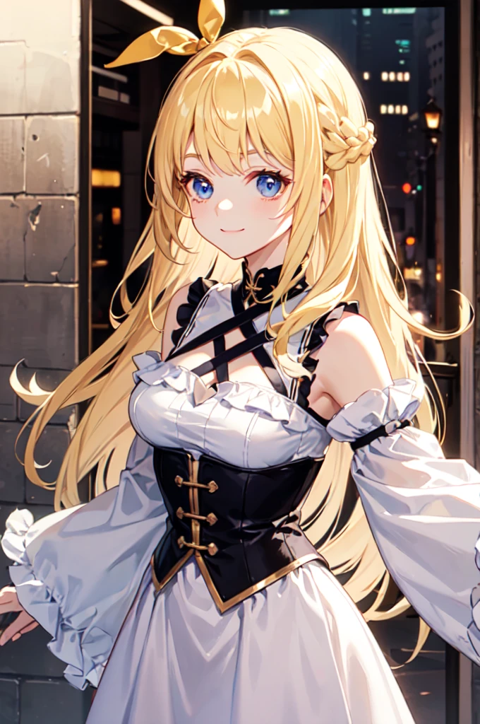 ultra detailed, masterpiece, best quality, solo, soft smile, light smile, portrait, 
1girl, blue eyes, very long hair, blonde hair, long blonde hair, french braid, bangs, medium breasts,
hair ribbon, frilled choker, criss-cross halter, sleeveless dress, high-waist skirt, backless dress, waist bow, detached sleeves, frilled sleeves, wide sleeves, 