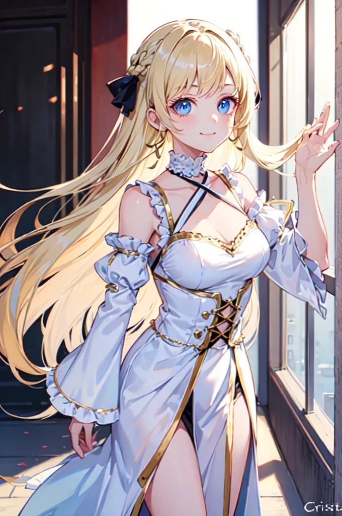 ultra detailed, masterpiece, best quality, solo, soft smile, light smile, portrait, 
1girl, blue eyes, very long hair, blonde hair, long blonde hair, french braid, bangs, medium breasts,
hair ribbon, frilled choker, criss-cross halter, sleeveless dress, high-waist skirt, backless dress, waist bow, detached sleeves, frilled sleeves, wide sleeves, 