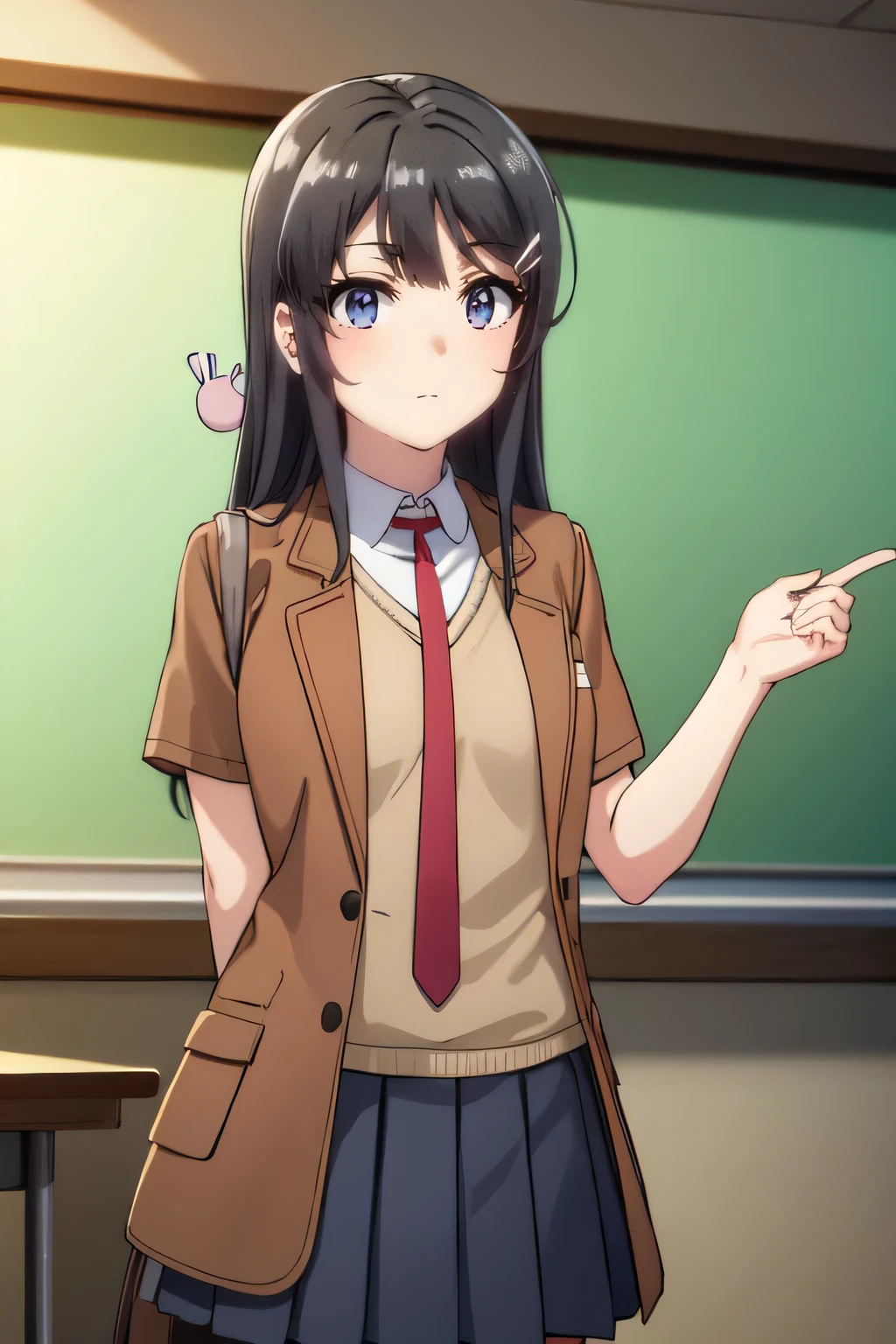 maisakurajima, mai sakurajima, long hair, bangs, (black hair:1.5), hair ornament, (purple eyes:1.1), hairclip, rabbit hair ornament, BREAK lift skirt ,lift shirt, show pink bra , white shirt, short sleeves, pantyhose, pleated skirt, collared shirt, blue skirt, black pantyhose, red necktie, jacket, (brown jacket:1.5), BREAK indoors, classroom, BREAK looking at viewer, (cowboy shot:1.5), BREAK (masterpiece:1.2), best quality, high resolution, unity 8k wallpaper,