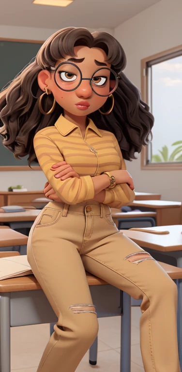 Priya mangal, curly brown and gray hair, glasses with round frames, dark eyebrows, brown eyes, pink lips, small breasts, nude body golden earrings, brown skin, yellow jeans, full body view, sitting on desk, in classroom 