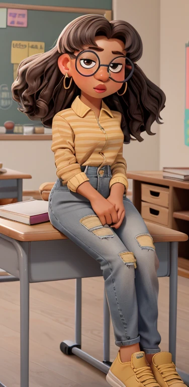 Priya mangal, curly brown and gray hair, glasses with round frames, dark eyebrows, brown eyes, pink lips, small breasts, nude body golden earrings, brown skin, yellow jeans, full body view, sitting on desk, in classroom 