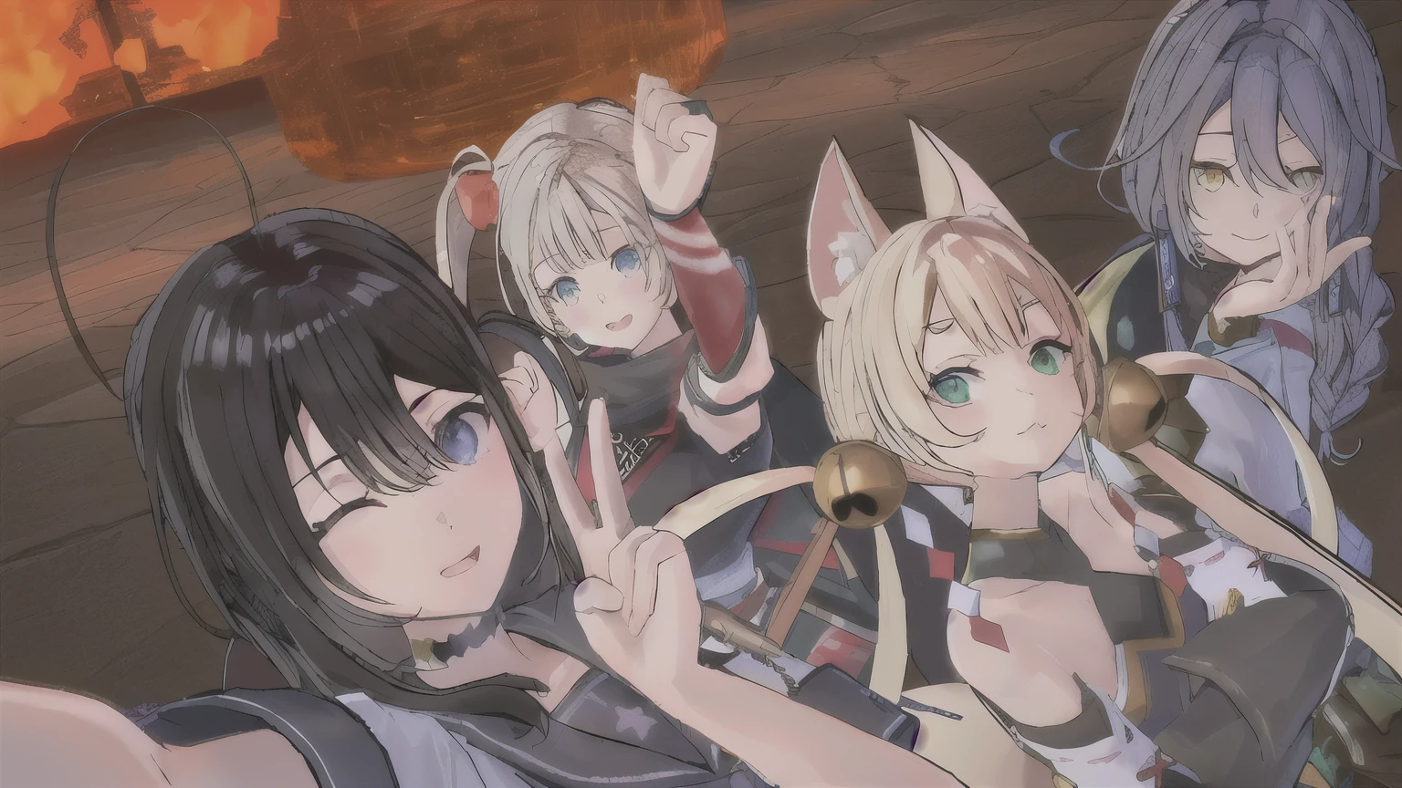 Cartoon characters posing for photos in front of the stove, From the Azur Lane video game, 《Azur route》Role in, Azure Lane style, Holographic Live Broadcast, official art works, guys, Visual novel cg, Girls Frontline cg, girl with cat ears, anime girl with cat ears, Fine details. Girls Frontline, key point, Girls Frontline universe, <Multiplayer online role-playing game scenario