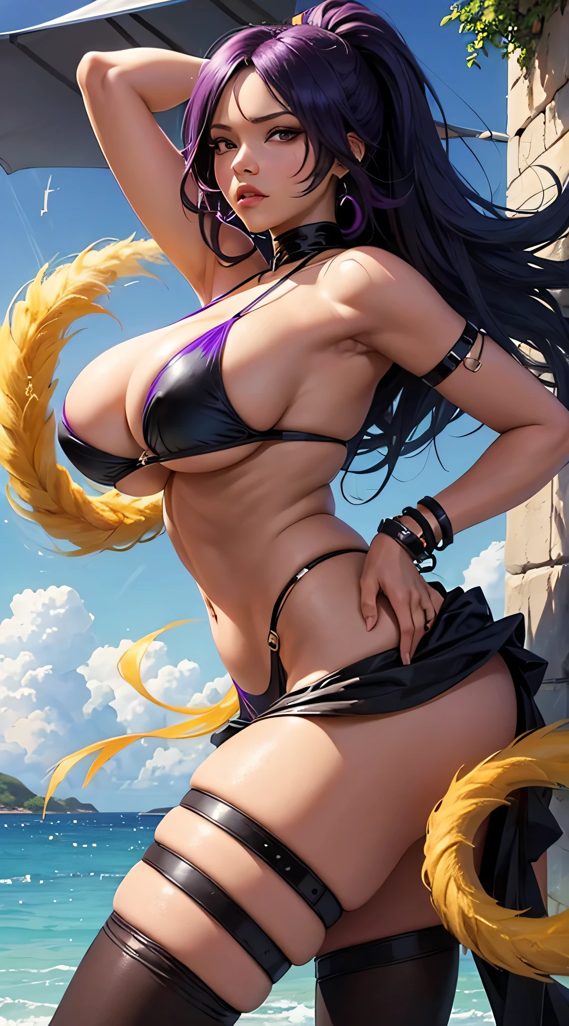 Yoruichi de bleach, nue (huge tits), cheveux violet, yeux jaunes, Haut du corps, peau bronzee, abdos, bikini comme s&#39;ils n&#39;existaient pas, deserted beach, gros seins, gigantesque seins, 4K ultra UHD, mains parfaites, cing doigts, yeux parfaits, bikini dentelle rouge, peau marron