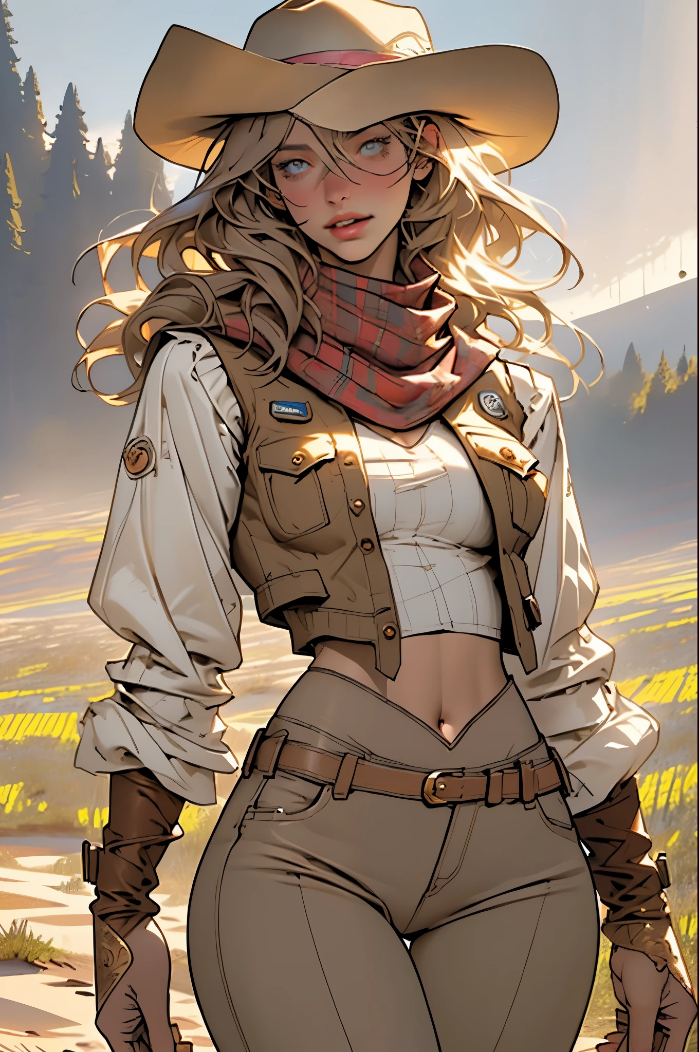 (highest quality, Super detailed, realistic:1.37), outdoor, slim girl, beautiful face, detailed and beautiful eyes, beautiful detailed lips, cowboy hat, vest with fringes, slim waist, slender thighs, thigh gap, show belly, pants, scarf, With confidence, medium chest, dusty farm landscape, golden hour lighting