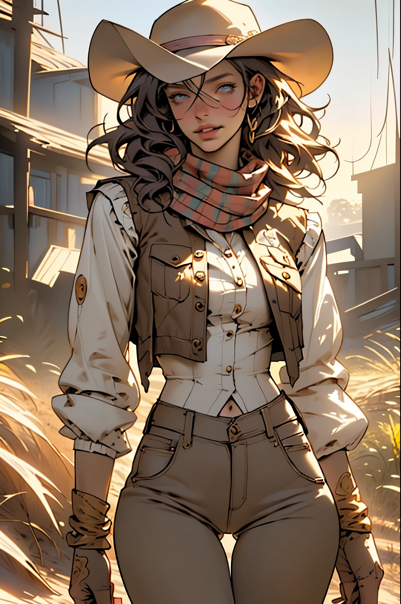 (highest quality, Super detailed, realistic:1.37), outdoor, slim girl, beautiful face, detailed and beautiful eyes, beautiful detailed lips, cowboy hat, vest with fringes, slim waist, slender thighs, thigh gap, show belly, pants, scarf, With confidence, medium chest, dusty farm landscape, golden hour lighting