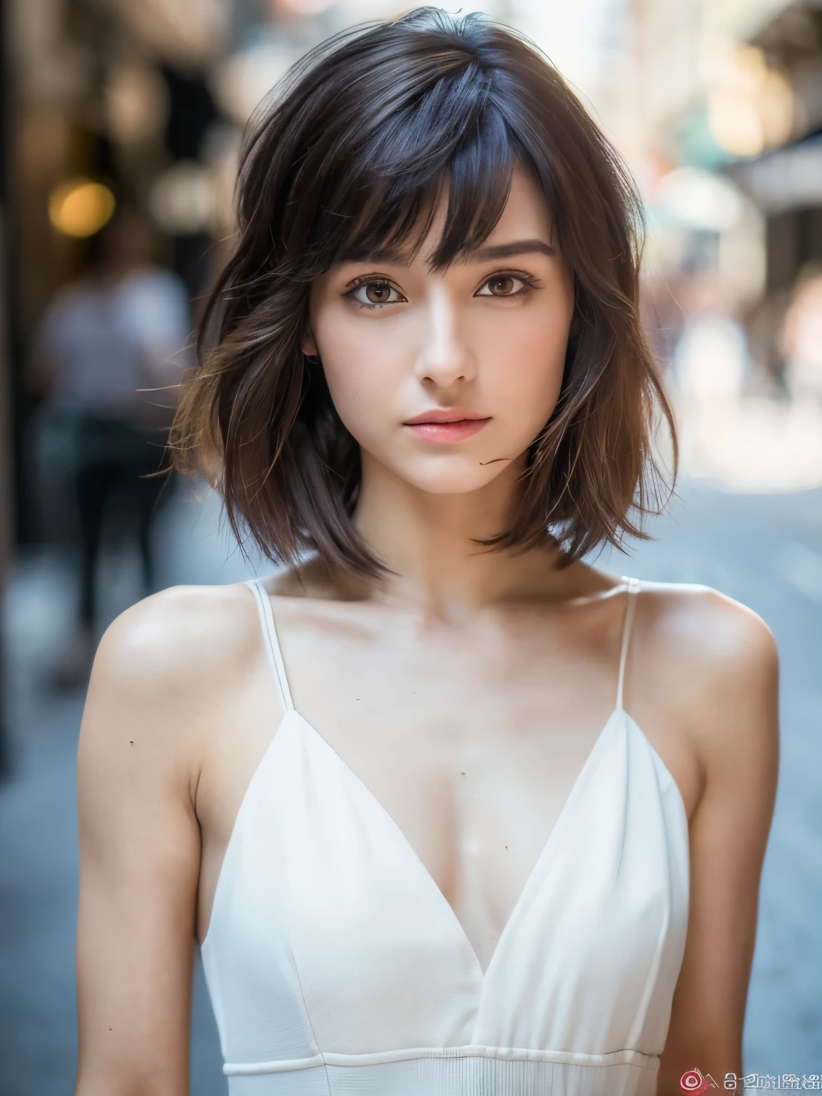 ((best quality, 8k, masterpiece: 1.3)), Key Points: 1.2, Perfect body beauty: 1.4, Hips: 1.2, ((Layered Hairstyle)), (street:1.3), White Dress: 1.1, Highly detailed face and skin texture, Beautiful eyes, Double eyelids, Whitens skin, Long hair, (shut up: 1.3), whole body