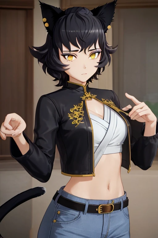 8k, highly detailed, kali belladonna, 1girl, solo, black hair, long hair, cat ears, animal ears, yellow eyes, belt, midriff, pants, jacket, solo, confused, looking at viewer, cowboy shot, cinematic composition,