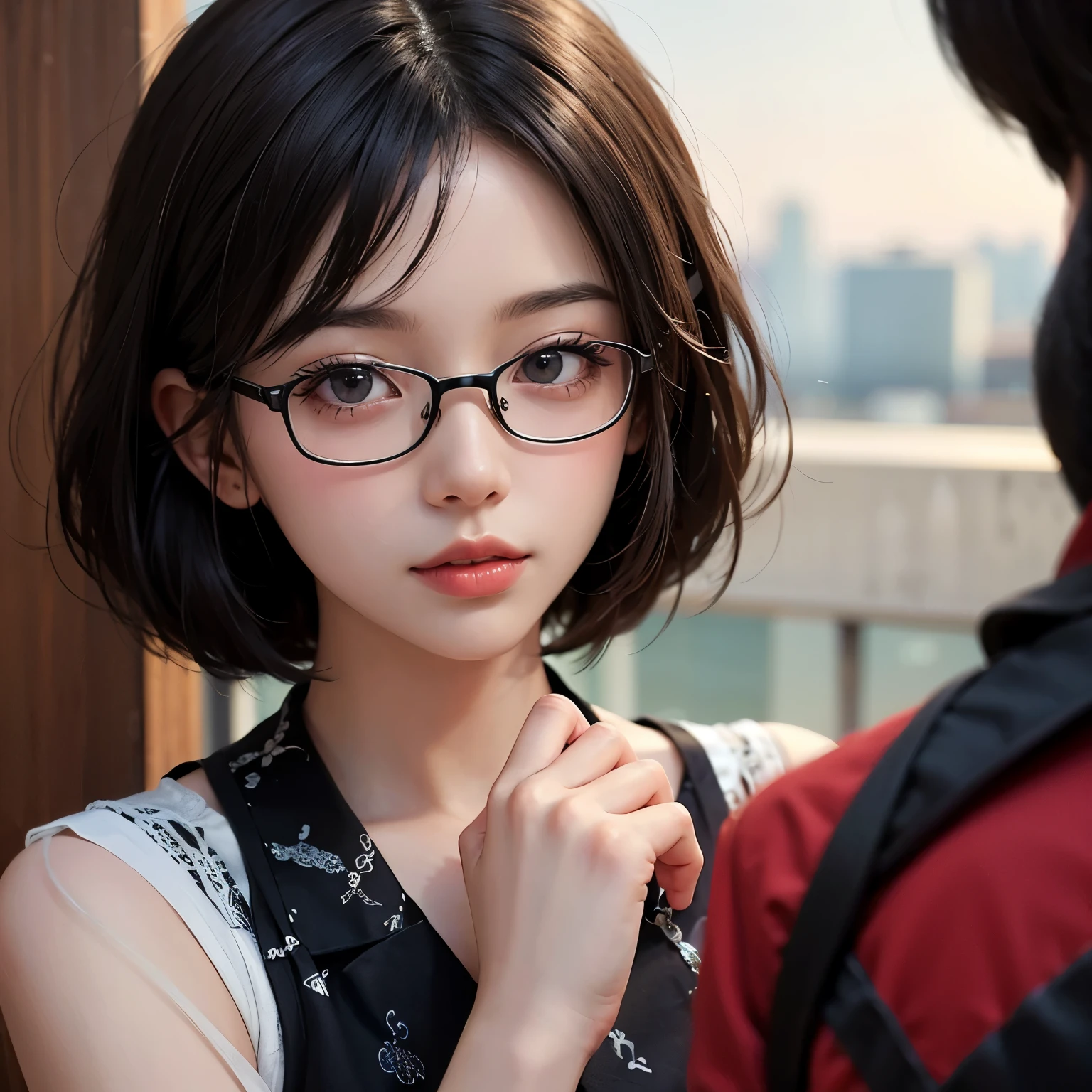 ((best quality)), ((masterpiece)), (detailed), perfect face. Black hair. Short hair. Anime girl. Asian girl. Black eyes. Ulzzang. Glasses.