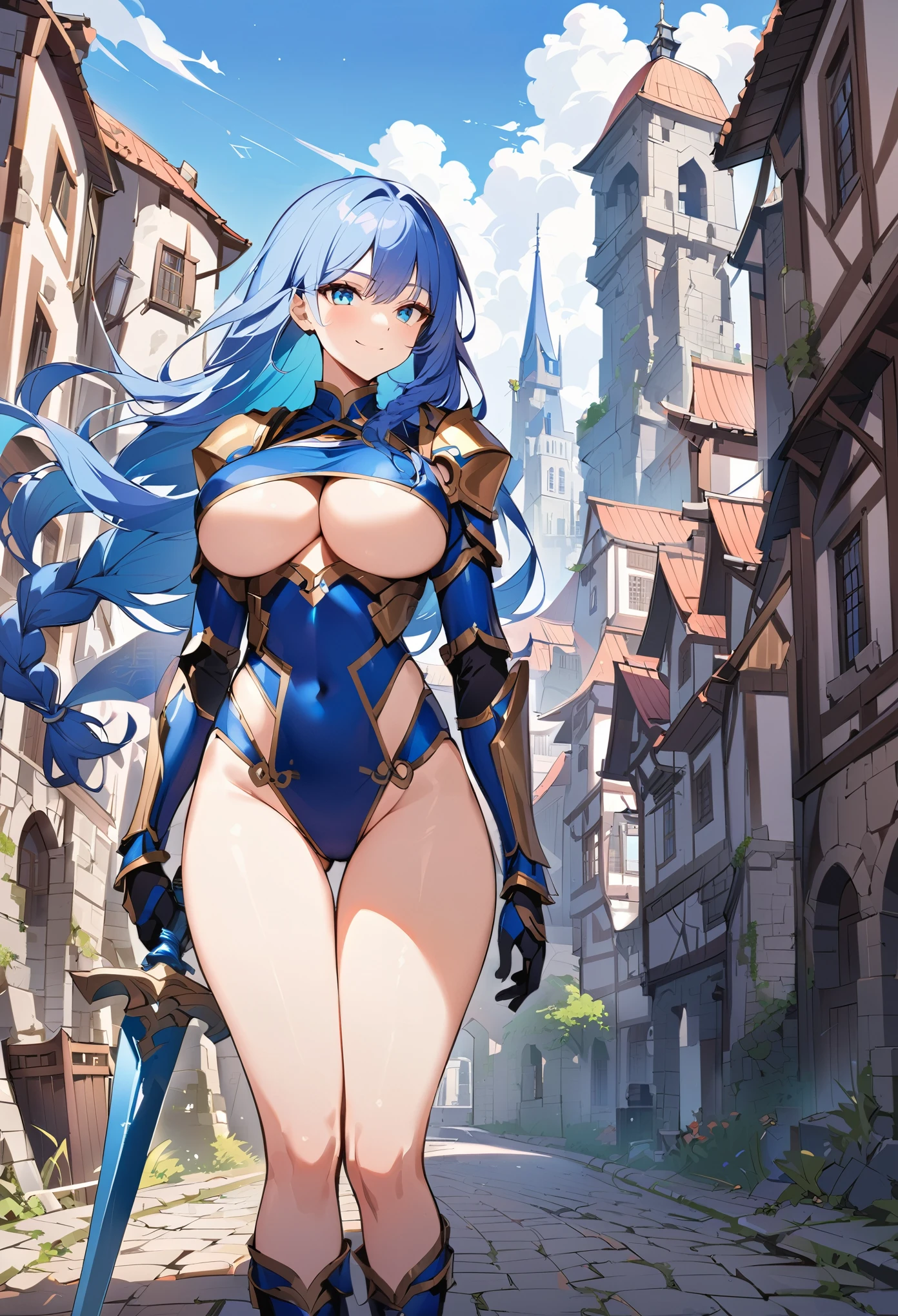 high quality、high resolution、big breasts、deep blue hair、(((one Braided long hair)))、blue eyes、((Underboob))、（Chinese style metal armor）、beautiful blue eyes 、kind、smile、((high leg armor)），long spear equipment、Cobblestoneedieval European Ruins