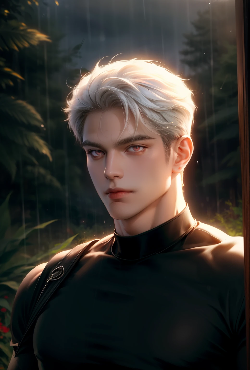 (masterpiece,best quality,ultra_detailed,highres,absurdres),1 mature male, 30-ish, (wide shoulder), (muscular), big body, male focus, solo, red eyes, red eyes color, upper body, short hair, white hair, albino boy, looking at viewer, smile face, parted lips, round eyewear, Masterpiece, high quality, best quality, HD, realistic, perfect lighting, detailed body, 1 man, black shirt, calm expression, in the nature background, halfbody, add rain on the nature background, rain