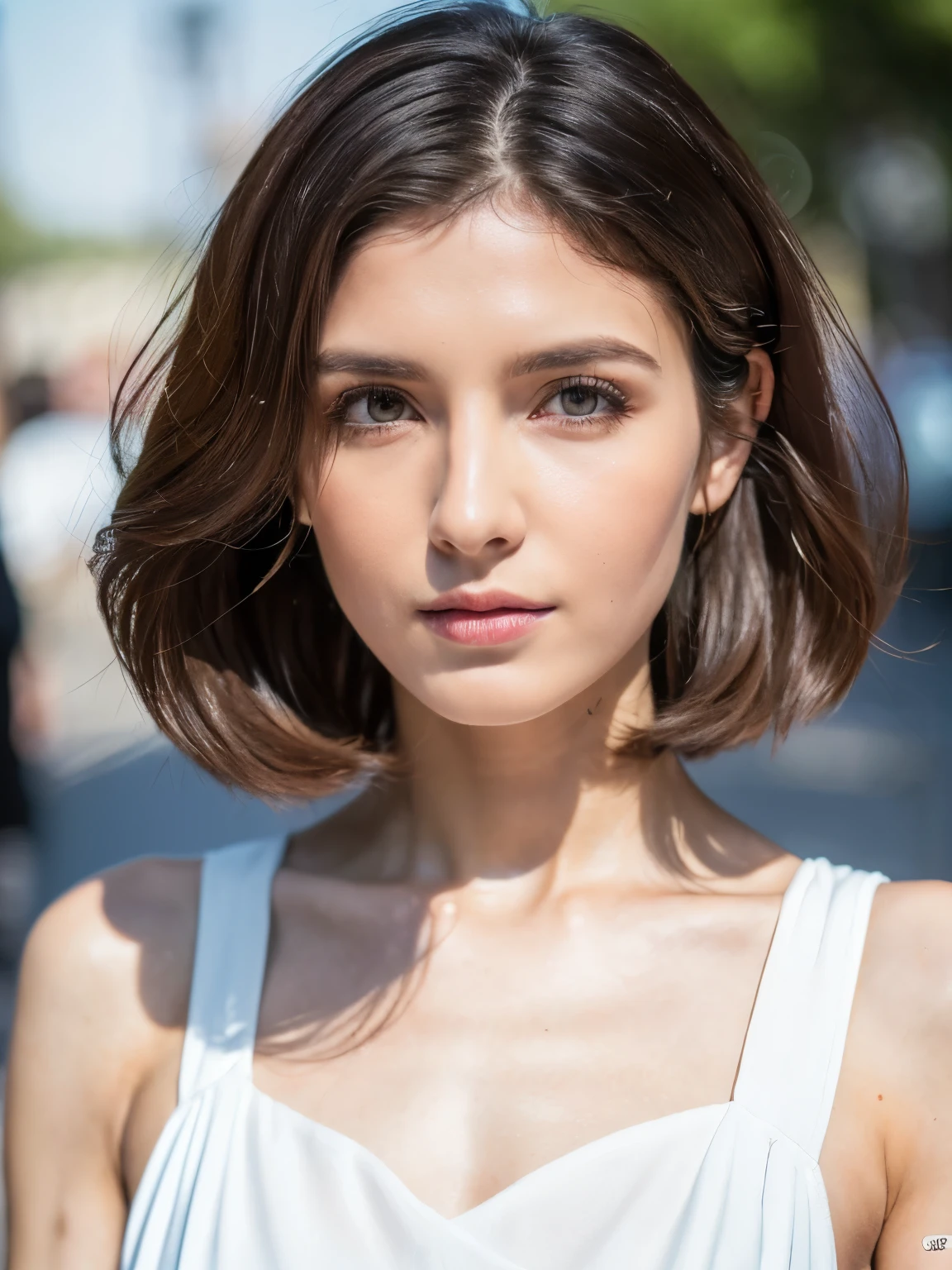 ((best quality, 8k, masterpiece: 1.3)), Key Points: 1.2, Perfect body beauty: 1.4, Hips: 1.2, ((Layered Hairstyle)), (street:1.3), White Dress: 1.1, Highly detailed face and skin texture, Beautiful eyes, Double eyelids, Whitens skin, Long hair, (shut up: 1.3), whole body