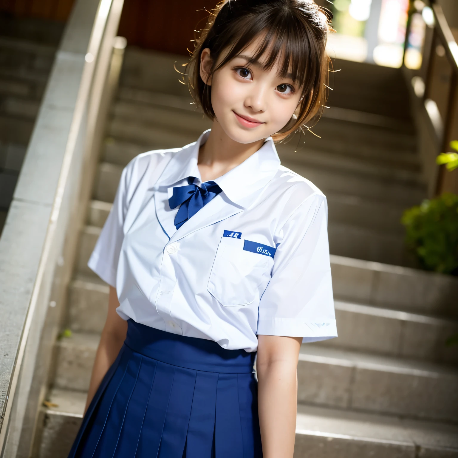 Best-quality, Masterpiece, Ultra-High-Resolution, (Photorealistic:1.4), Raw Photo, depth of field, professional lighting, perfect anatomy, extremely details, 1girl, 15-years-old, the most famous Japanese idol, wearing Japanese high-school uniform, at stairs, (extremely cute face, (((extremely beautiful and extremely big eyes))), extremely beautiful short-cut-haired, extremely beautiful skins), realistic skin texture, extremely beautiful long-eyelashes, extremely beautiful lips, childish body, looking at viewer, innocent-smile, detailed Japanese-high-school-uniform