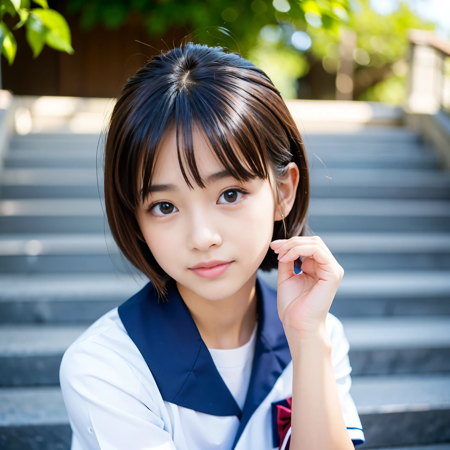Best-quality, Masterpiece, Ultra-High-Resolution, (Photorealistic:1.4), Raw Photo, depth of field, professional lighting, perfect anatomy, extremely details, 1girl, 15-years-old, the most famous Japanese idol, wearing Japanese high-school uniform, at stairs, (extremely cute face, (((extremely beautiful and extremely big eyes))), extremely beautiful short-cut-haired, extremely beautiful skins), realistic skin texture, extremely beautiful long-eyelashes, extremely beautiful lips, childish body, looking at viewer, innocent-smile, detailed Japanese-high-school-uniform