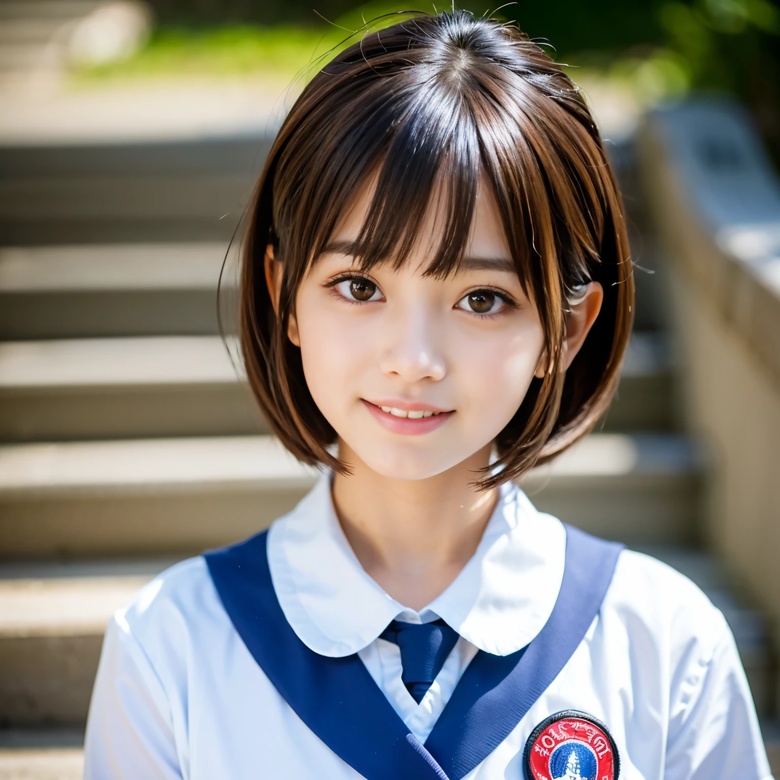 Best-quality, Masterpiece, Ultra-High-Resolution, (Photorealistic:1.4), Raw Photo, depth of field, professional lighting, perfect anatomy, extremely details, 1girl, 15-years-old, the most famous Japanese idol, wearing Japanese high-school uniform, at stairs, (extremely cute face, (((extremely beautiful and extremely big eyes))), extremely beautiful short-cut-haired, extremely beautiful skins), realistic skin texture, extremely beautiful long-eyelashes, extremely beautiful lips, childish body, looking at viewer, innocent-smile, detailed Japanese-high-school-uniform