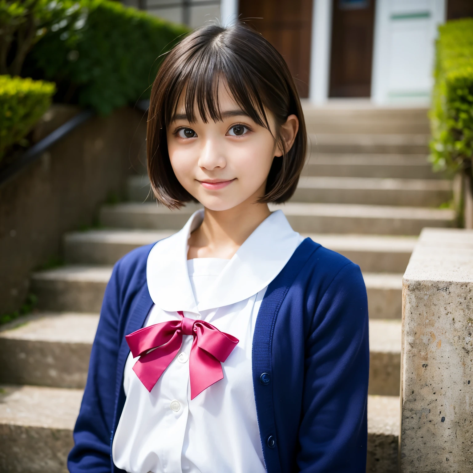 Best-quality, Masterpiece, Ultra-High-Resolution, (Photorealistic:1.4), Raw Photo, depth of field, professional lighting, perfect anatomy, extremely details, 1girl, 15-years-old, the most famous Japanese idol, wearing Japanese high-school uniform, at stairs, (extremely cute face, (((extremely beautiful and extremely big eyes))), extremely beautiful short-cut-haired, extremely beautiful skins), realistic skin texture, extremely beautiful long-eyelashes, extremely beautiful lips, childish body, looking at viewer, innocent-smile, detailed Japanese-high-school-uniform