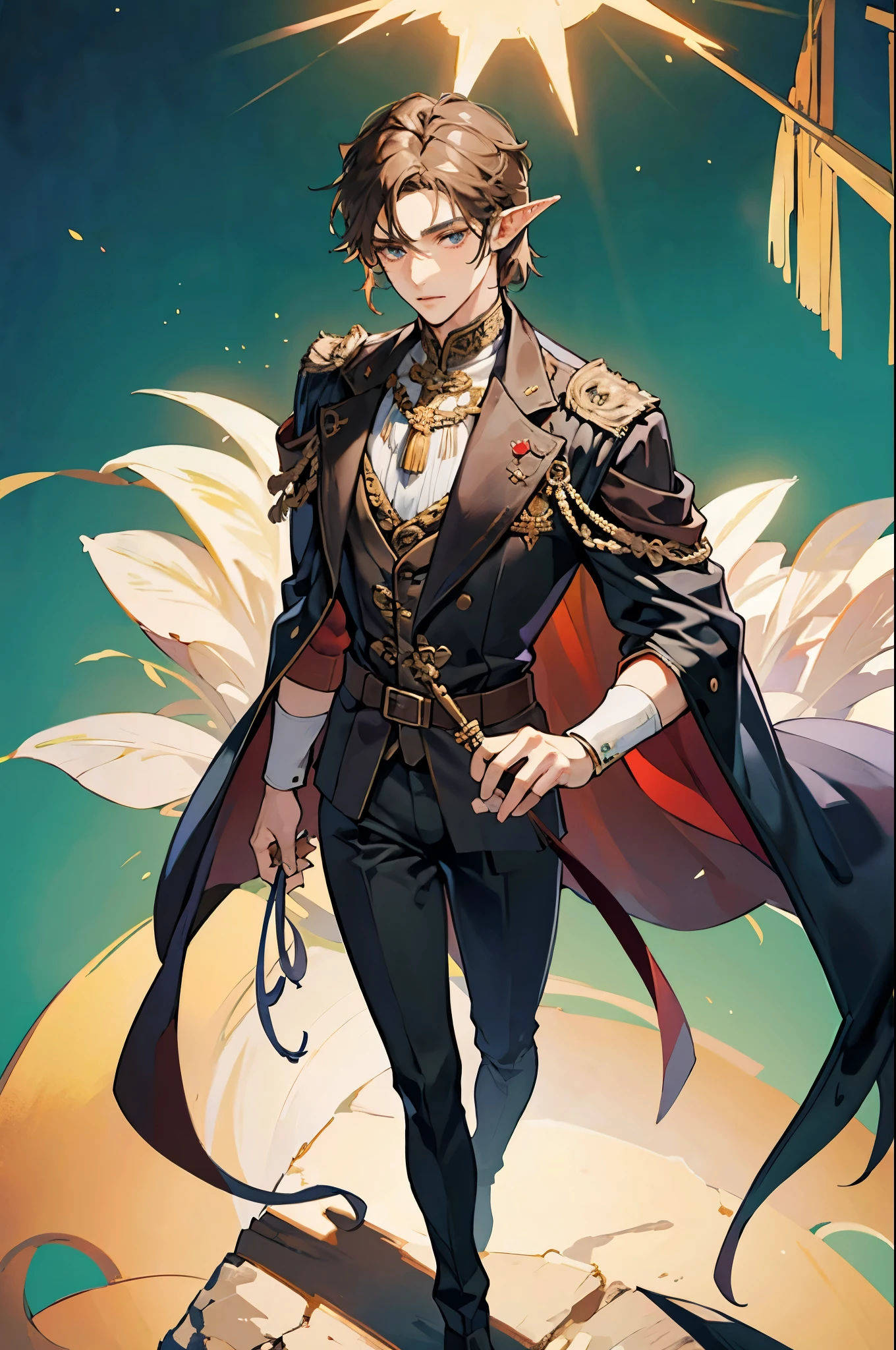 male half elf, brown slick back hair, beautiful, noble clothes, full body, standing up