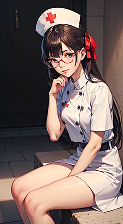 ((masterpiece,highres,4k, best quality, detailed eyes)),(solo:1.4), complex_details,very detailed CG,very long hair, hair ribbon,grey eyes,(semi-rimless eyewear:1.2), nurse,nurse cap,wariza,(hand between legs:1.5) ,pigeon-toed,knees together,hidden hands,side face