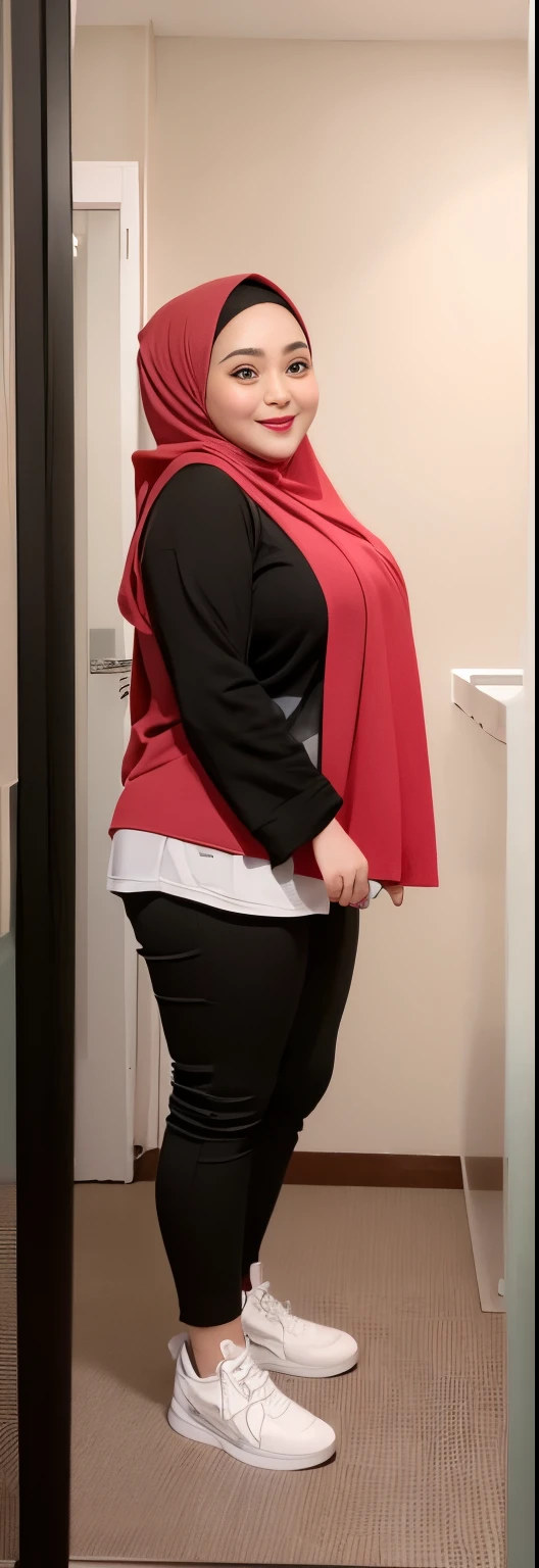 (iu:0.8), RAW, Best quality, high resolution, Masterpiece: 1.3, Beautiful hijabi bbw chubby malay women ,big eyes, perfect nose, perfect bbw body, wearing a sneakers , huge large big breast, Masterpiece, smile teeth., full body