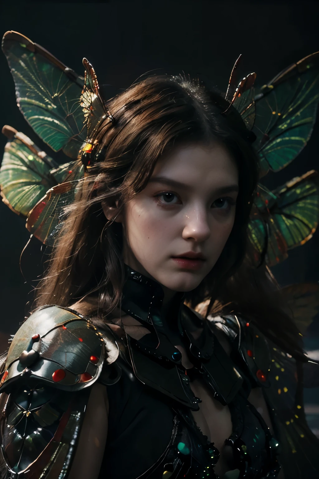 (realistic:1.3) HD, High quality, Cinematic lighting, wide angle, (shallow focus:1.3), Caravaggio, Chiaroscuro, (Gundam style:1.2). Dark, cosmic horror, psychedelic. Ancients, Gods, Esoteric, ominous Alien. Beautiful and Elegant Goddess, (Very Clear Dragonfly Wings:1.4), Fantastic grey hair. Black, Red, and Royal Green Military-styled multilayered bio-mechanical paneled armor. Subtle red and yellow neon light emanates from beneath some of her biomechanical parts. Atmospheric (glowing:1.3), Nebulous, hazy, dark misty atmospheric background,