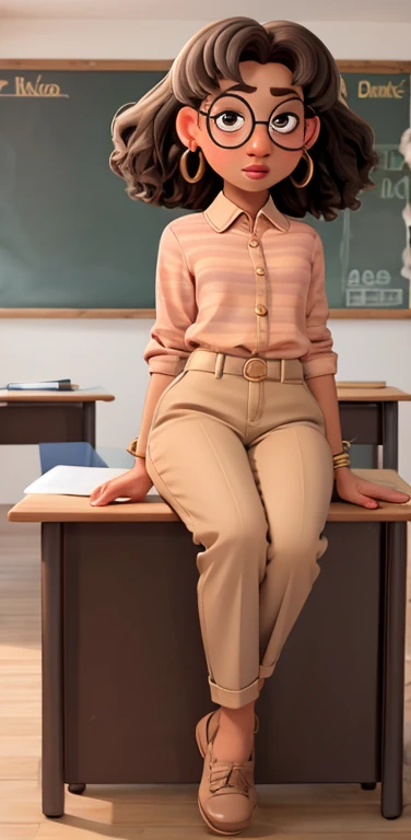 Priya mangal, curly brown and gray hair, glasses with round frames, dark eyebrows, brown eyes, pink lips, small breasts, nude body, golden earrings, brown skin, full body view, sitting on desk, in classroom