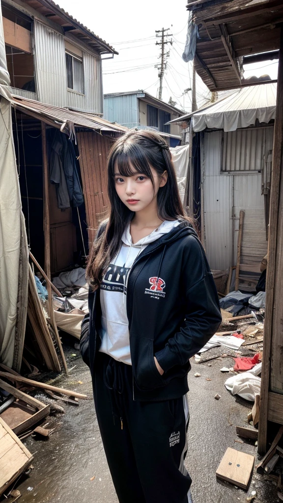 muster piece, best quality, illustration, Super detailed, fine details, High resolution, 8K,wall paper, perfect dynamic composition,(Details High quality, realistic depiction of eyes:1.3), Tattered clothes, (slum quarters), The collapsed room, Inside the barrack tent, refuge, wearing a tattered and dirty black hoodie., Wearing baggy pants, dirty body, Tragic, (Messy long hair), Layered Cut, black hair color, Big Natural Color Lip, crying a little、cold gaze, Harajuku style、20 year old girl、cute type、lolita, Gravure Idol, full body photo、focus on crotch, huge breasts