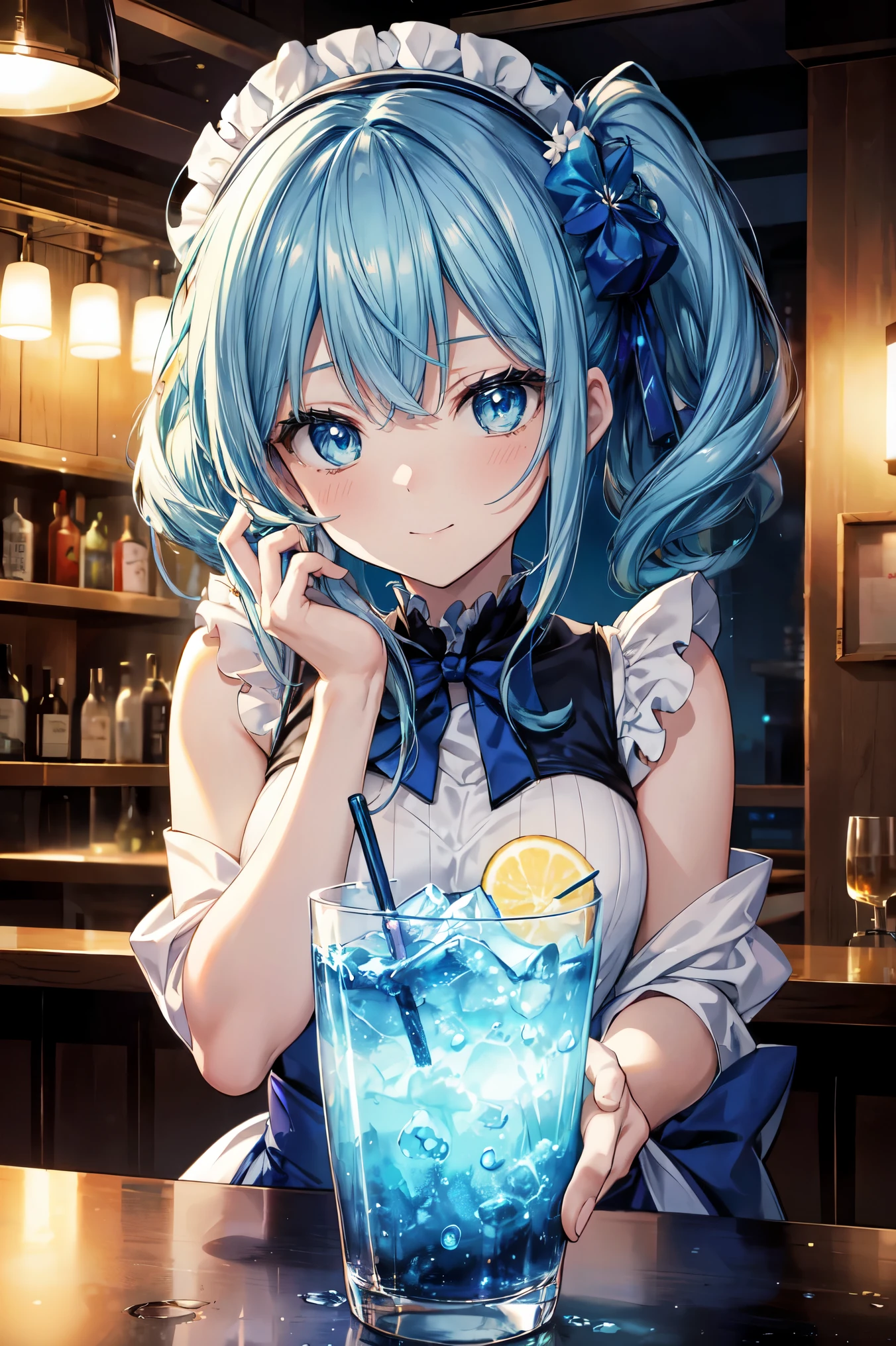 Close-up of Blue Fizz cocktail art displayed on a bar counter illuminated at night, High quality waifu movie anime with avant-garde fashion style, A droopy-eyed Japanese idol girl is smiling while holding a cocktail glass. Shaker on the counter. Blue Refraction