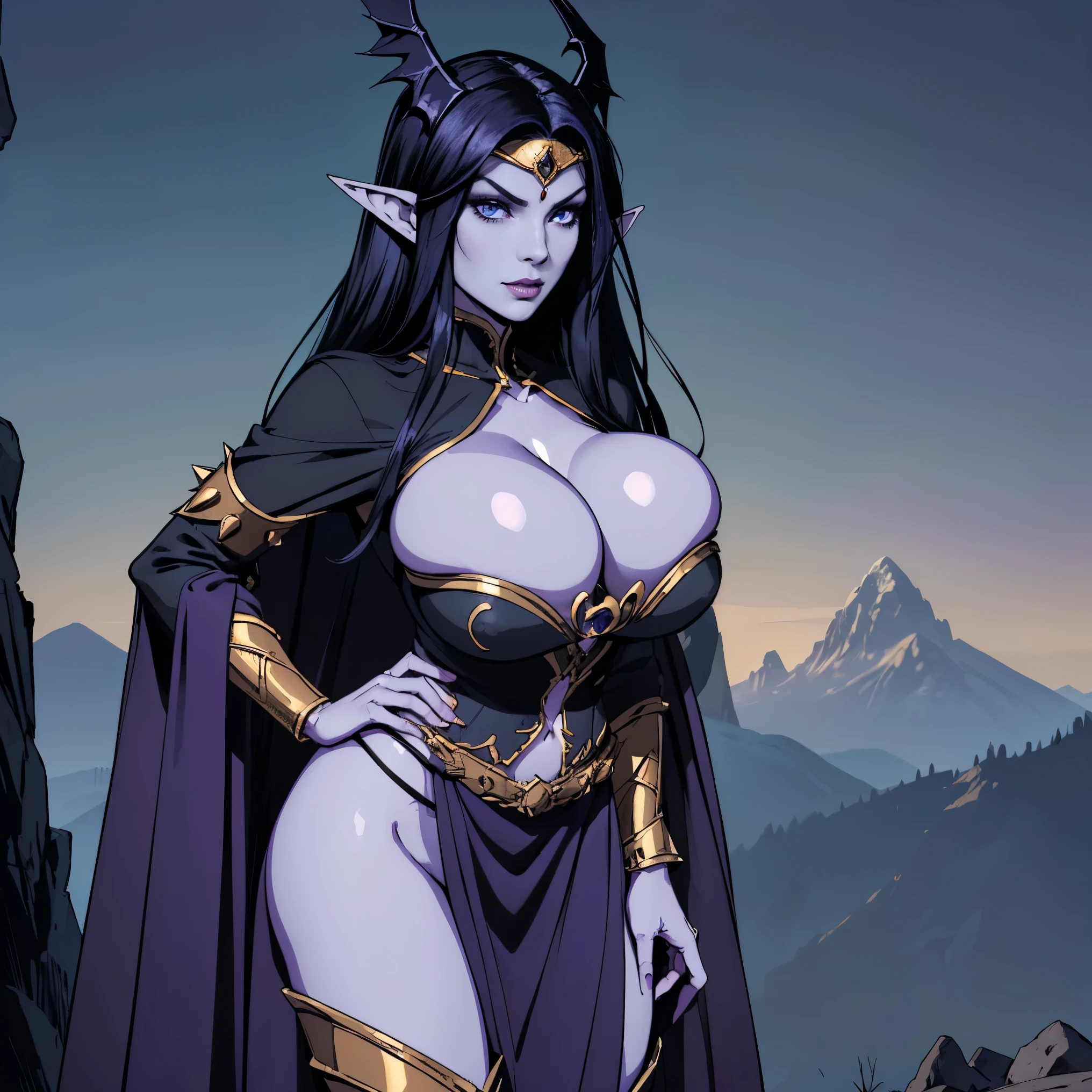 (masterpiece, top quality, best quality, official art, beautiful and aesthetic:1.2), (1girl:1.3), ((Sharp facial features, sharp features, hawkish features)), ((big hair, long elf ears, long black hair)), (((pale purple skin, pale blue skin, blue skin, purple skin))), big tiddy dark elf girl, extremely detailed, portrait, looking at viewer, solo, (full body:0.6), detailed background, full-body shot, (cold night mountain theme:1.1), dark elf war dancer, (spiky winged headdress), charlatan, smirk, mysterious, swaying in mountains, skimpy attire, revealing gladiatrix costume, ebony metal, gold filigree, gold bikini, circlet, metal bikini, long boots, dual knives, blood red fabric, pelvic curtain, loincloth, black leather, ((((gigantic breasts, cleavage, skindentation, long legs, pelvic curtain)))), cute belly button, toned tummy, slim waist, slim hips, long legs, medieval (mountain exterior:1.1) background, dark mysterious lighting, shadows, magical atmosphere, dutch angle