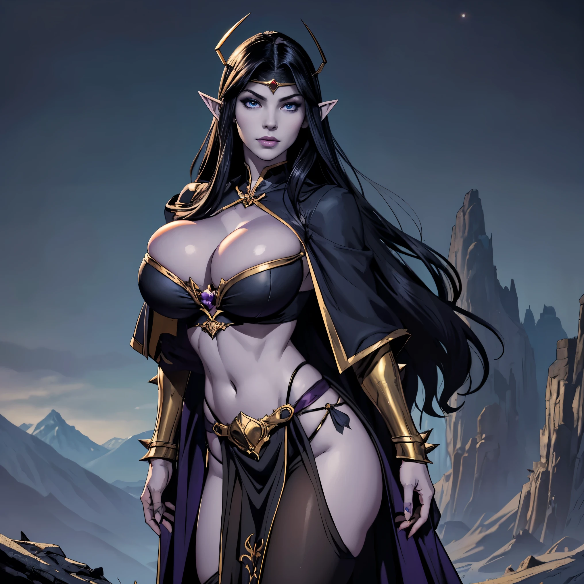 (masterpiece, top quality, best quality, official art, beautiful and aesthetic:1.2), (1girl:1.3), ((Sharp facial features, sharp features, hawkish features)), ((big hair, long elf ears, long black hair)), (((pale purple skin, pale blue skin, blue skin, purple skin))), big tiddy dark elf girl, extremely detailed, portrait, looking at viewer, solo, (full body:0.6), detailed background, full-body shot, (cold night mountain theme:1.1), dark elf war dancer, (spiky winged headdress), charlatan, smirk, mysterious, swaying in mountains, skimpy attire, revealing gladiatrix costume, ebony metal, gold filigree, gold bikini, circlet, metal bikini, long boots, dual knives, blood red fabric, pelvic curtain, loincloth, black leather, ((((gigantic , cleavagentation, long legs, pelvic curtain)))), cute belly button, toned t, slim waist, slim hips, long legs, medieval (mountain exterior:1.1) background, dark mysterious lighting, shadows, magical atmosphere, dutch angle