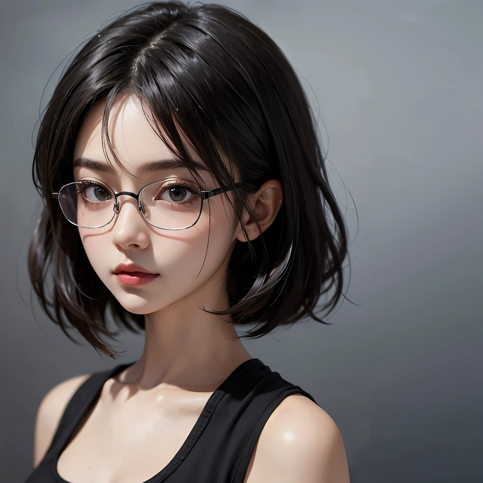 ((best quality)), ((masterpiece)), (detailed), perfect face. Black hair. Short hair. Anime girl. Asian girl. Black eyes. Ulzzang. Glasses. Tanktop.