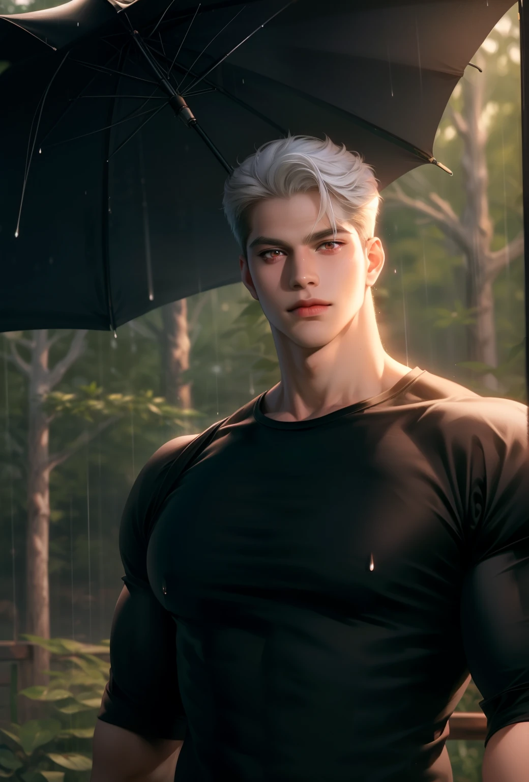 (masterpiece,best quality,ultra_detailed,highres,absurdres),1 mature male, 30-ish, (wide shoulder), (muscular), big body, male focus, solo, red eyes, red eyes color, upper body, short hair, white hair, albino boy, looking at viewer, smile face, parted lips, round eyewear, Masterpiece, high quality, best quality, HD, realistic, perfect lighting, detailed body, 1 man, black shirt, calm expression, in the nature background, add rain on the nature background, rain, full body