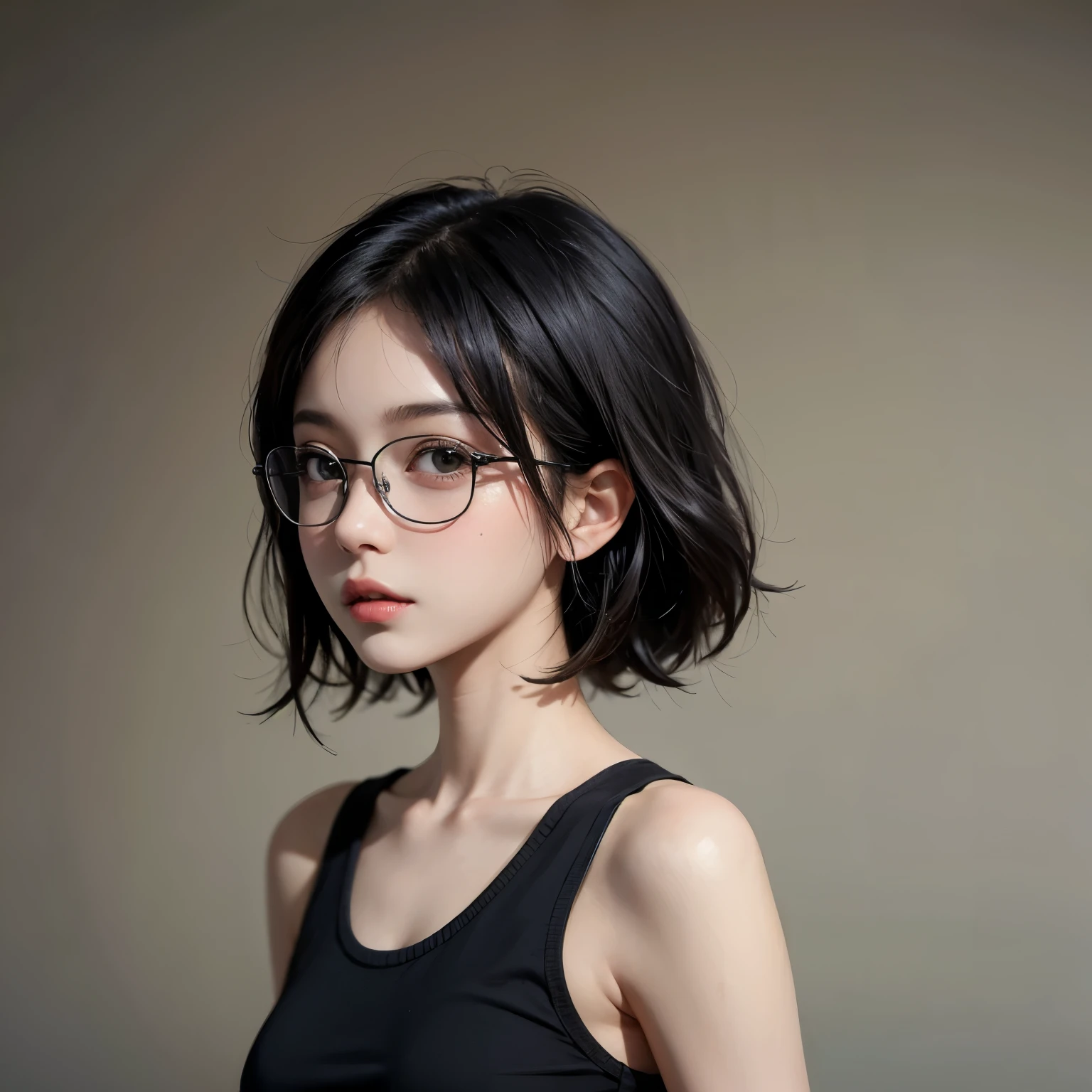 ((best quality)), ((masterpiece)), (detailed), perfect face. Black hair. Short hair. Anime girl. Asian girl. Black eyes. Ulzzang. Glasses. Tanktop.