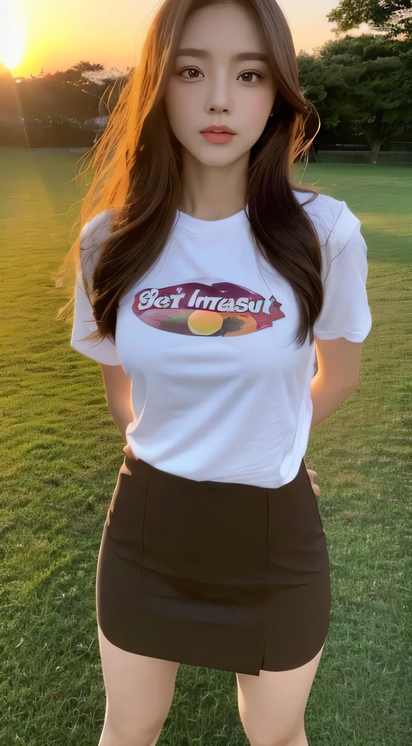 ((Sunset, Best quality, 8k, Masterpiece :1.3)), Whole body, Long legs, Sharp focus :1.2, A pretty woman with perfect figure :1.4, Slender abs, slender thigh :1.1, ((Dark brown hair, Big breasts :1.2)), (tight tshirt,
mini skirt,) ((sunset, park :1.3)) white shoes, standing, full body, Highly detailed face and skin texture, Detailed eyes, Double eyelid, wide angle. Detailed. Detailed.