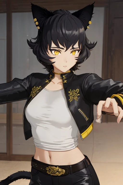 8k, highly detailed, kali belladonna, 1girl, solo, black hair, long hair, cat ears, animal ears, yellow eyes, black crop-top, white belt, midriff, black leather pants, jacket, solo, confused, looking at viewer, cowboy shot, cinematic composition,