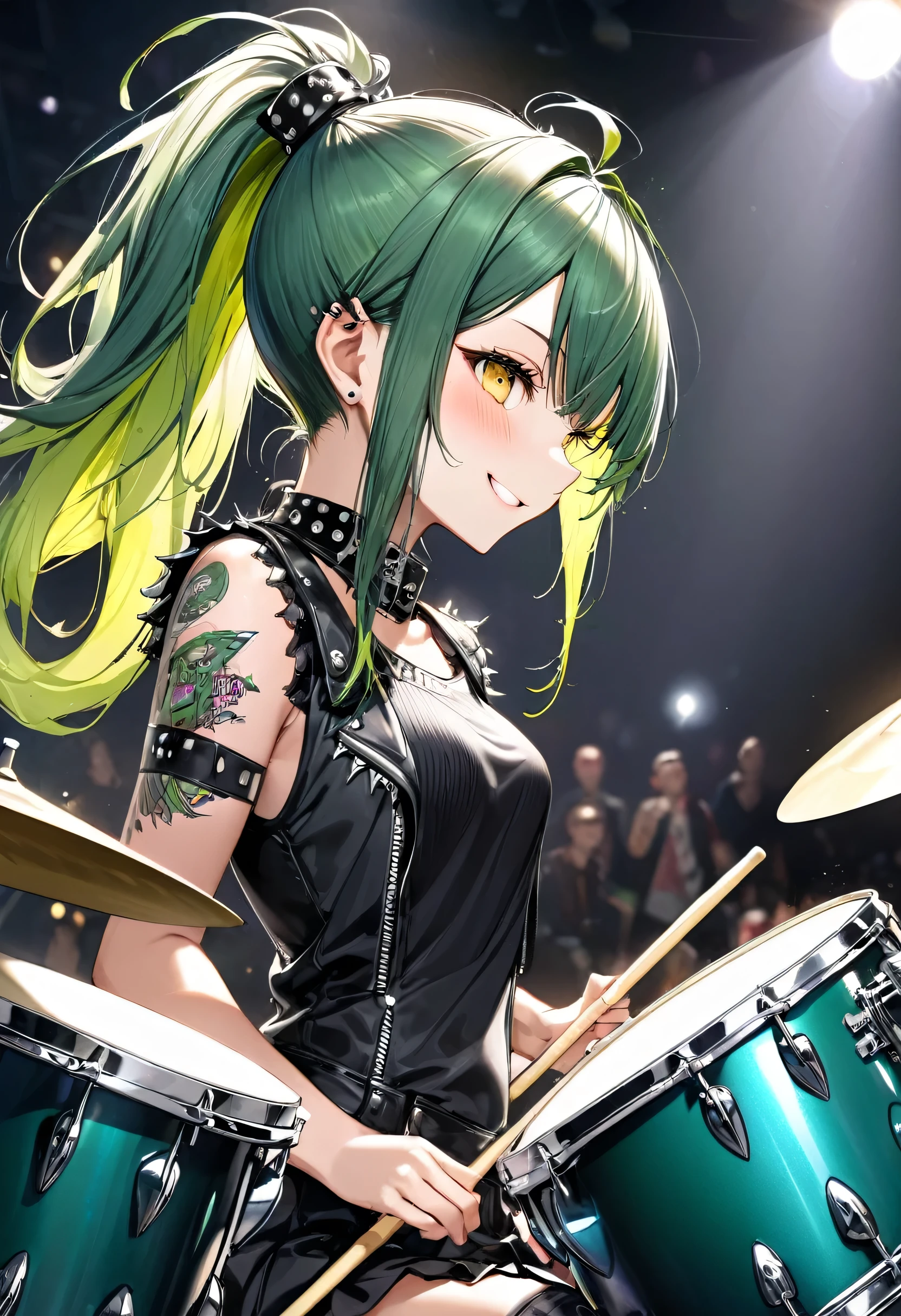 (panoramic in the Concert Venues), profile ((punk girls band style)) (in a sexy punk dress) (a ponytail green hair long hair cute girl is drummer, 15 yo, cute yellow eyes, blushing, love smile), (playing detailed drum), BREAK, perfect anatomy, masterpiece, best quality, 16k.
