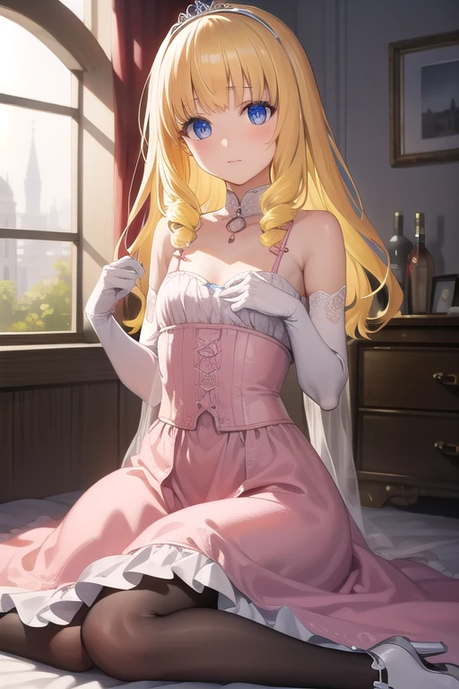 latifafleuranza, latifa fleuranza, (yellow hair:1.5), blue eyes, long hair, (flat chest:1.2),
BREAK diadem, tiara, elbow gloves, gloves, white gloves, dress, frilled dress, long skirt, frilled skirt, corset, (pink dress:1.5),
BREAK looking at viewer, full body,
BREAK indoors,
BREAK (masterpiece:1.2), best quality, high resolution, unity 8k wallpaper, (illustration:0.8), (beautiful detailed eyes:1.6), extremely detailed face, perfect lighting, extremely detailed CG, (perfect hands, perfect anatomy),