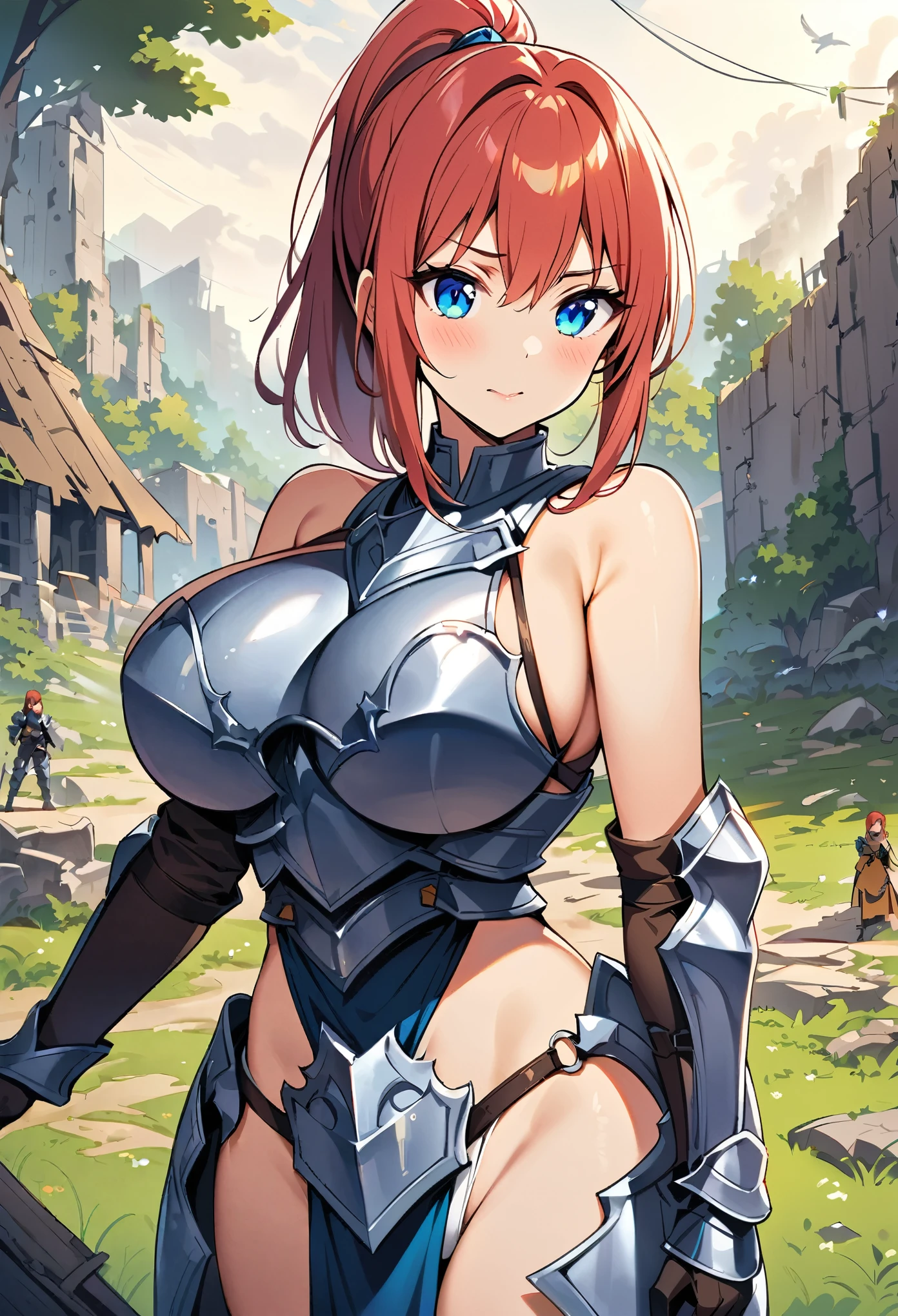 high quality、High resolution、1 female、（((Big Breasts)))、blue metal armor、Redhead、blue eyes、ponytail、Tree Eyes、female knight、High Leg Armor、Fantasy Ruins、Camp