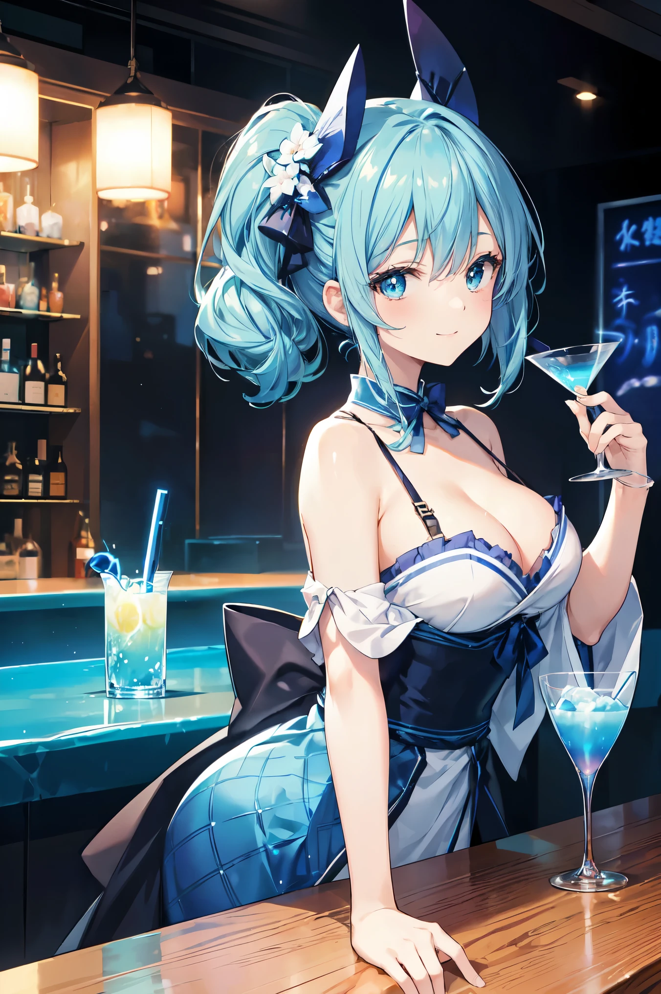 Close-up of Blue Fizz cocktail art displayed on a bar counter illuminated at night, High quality waifu movie anime with avant-garde fashion style, A droopy-eyed Japanese idol girl is smiling while holding a cocktail glass. Shaker on the counter. Blue Refraction
