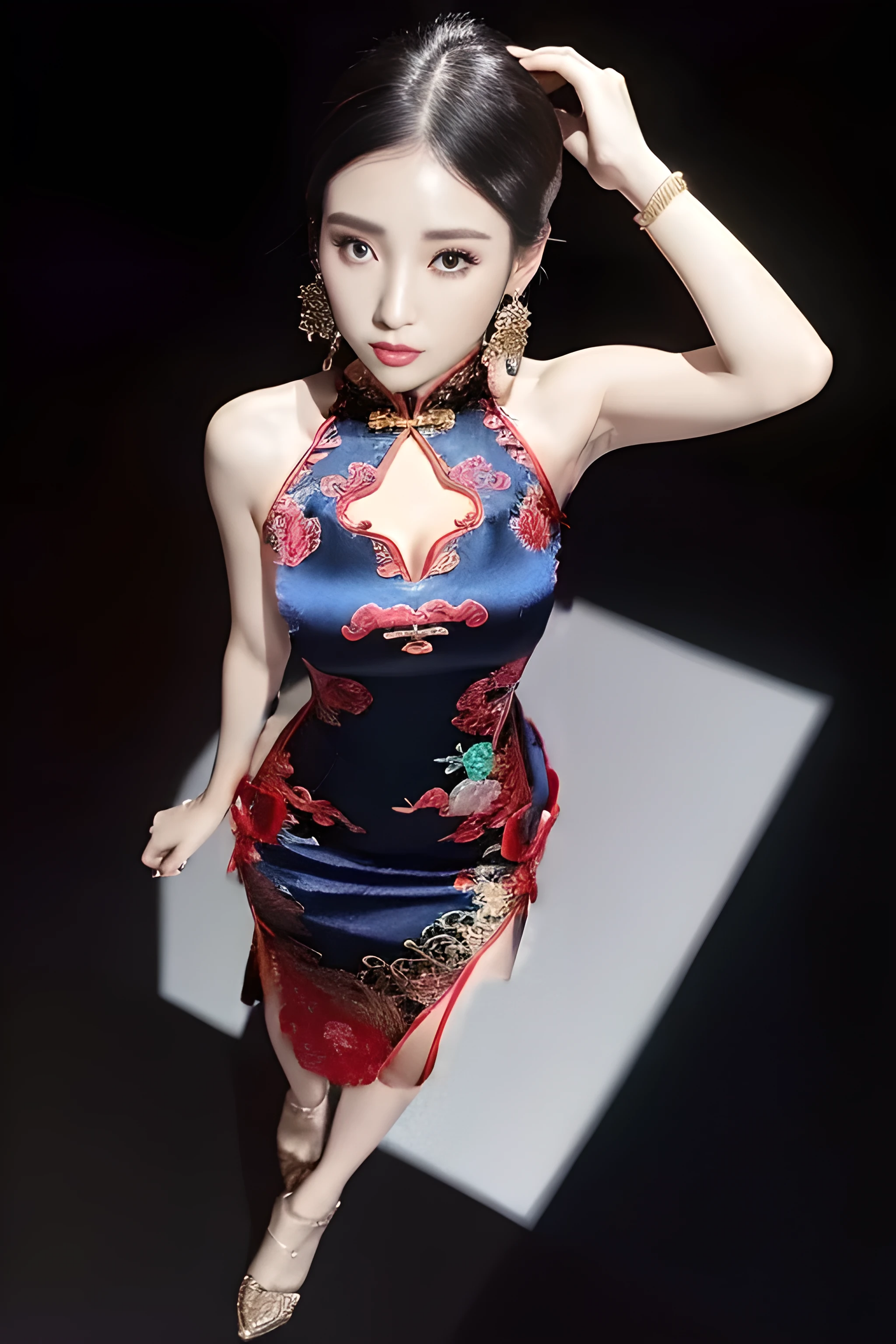 (Sexy Chinese Dress:1.3), red, (Delicate and intricate patterns in many colors), (Shiny:1.3. Silk Texture:1.2,)