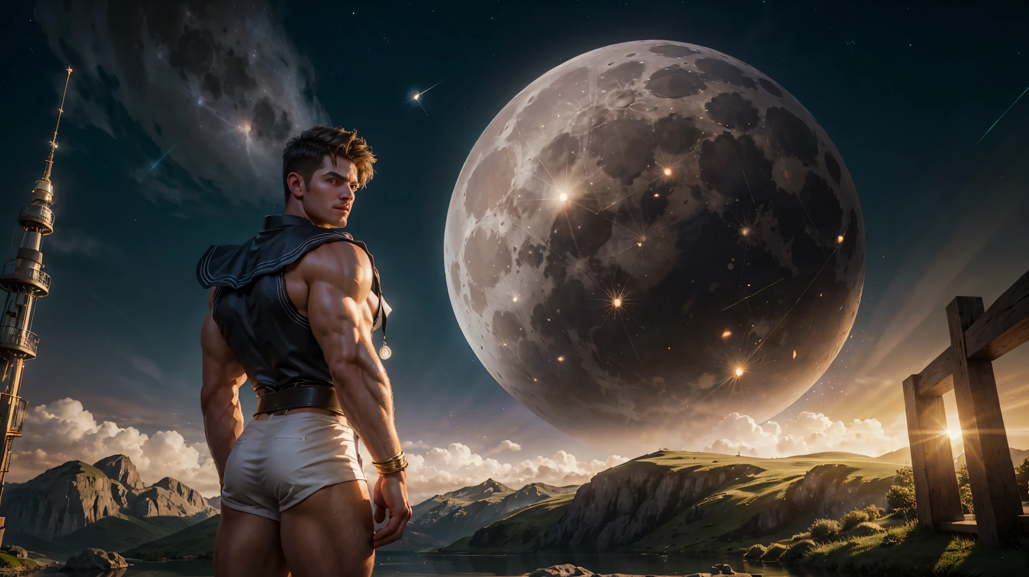 A giant, muscular man dressed in a Sailor Moon costume stands before a giant moon in the background. The night sky is filled with stars and illuminated by the soft glow of light particles. The outdoor setting adds a sense of vastness to the scene. The image quality is of the highest standard, with a resolution of 4k or 8k. The details are ultra-detailed and realistic, with a touch of photorealism. The artwork is created using various mediums, such as illustrations, oil paintings, 3D rendering, or photography. The color palette leans towards vivid and vibrant tones, enhancing the overall visual impact. The lighting in the scene is carefully crafted, with studio lighting techniques applied to highlight the form and add depth. This prompt is sure to result in a masterpiece.