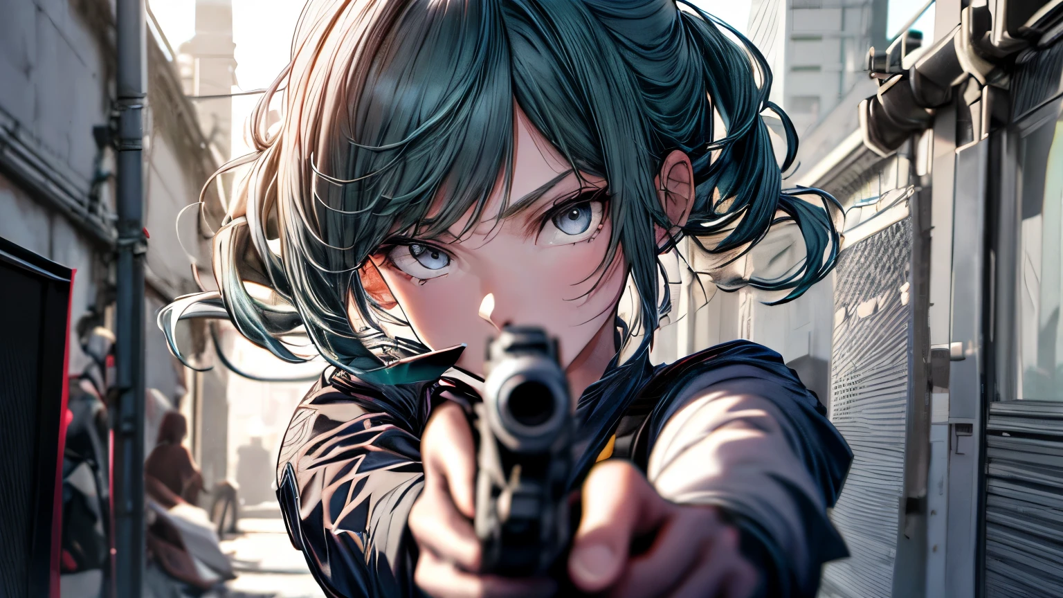 1girl, grey eyes, Long aqua hair, aiming at viewer, Have a pistol, pistols, masterpiece, detailed shadow, Detailed light, ighly detailed, top-quality, HD, 4K, hightquality,detail