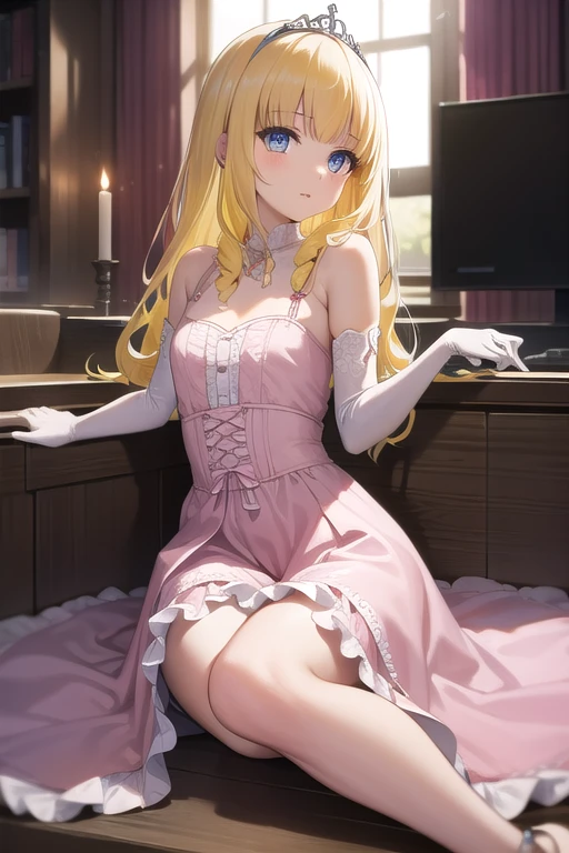 (Highest quality:1.3), , Big Breasts, Cleavage, , Sexy face, , blush:1.3　Highest quality　　On the bed　ceiling light　Open your mouth　It has been violated　Purple Dress　Side bust　Being pushed onto the bed　Zeta　1 person　Looking at this
