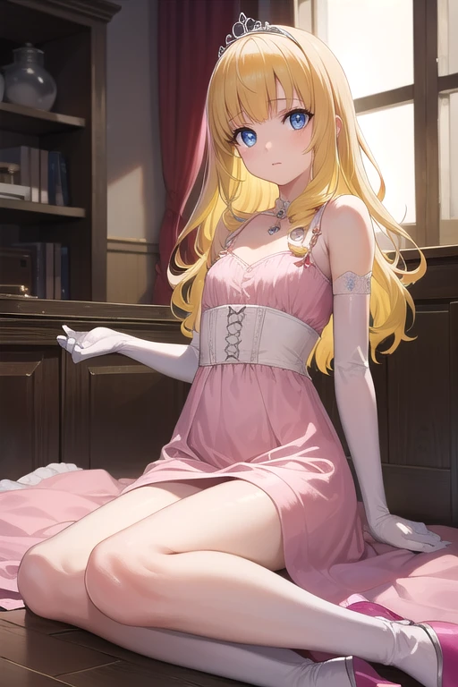 latifafleuranza, latifa fleuranza, (yellow hair:1.5), blue eyes, long hair, (flat chest:1.2),
BREAK diadem, tiara, elbow gloves, gloves, white gloves, dress, frilled dress, long skirt, frilled skirt, corset, (pink dress:1.5),
BREAK looking at viewer, full body,
BREAK indoors,
BREAK (masterpiece:1.2), best quality, high resolution, unity 8k wallpaper, (illustration:0.8), (beautiful detailed eyes:1.6), extremely detailed face, perfect lighting, extremely detailed CG, (perfect hands, perfect anatomy),