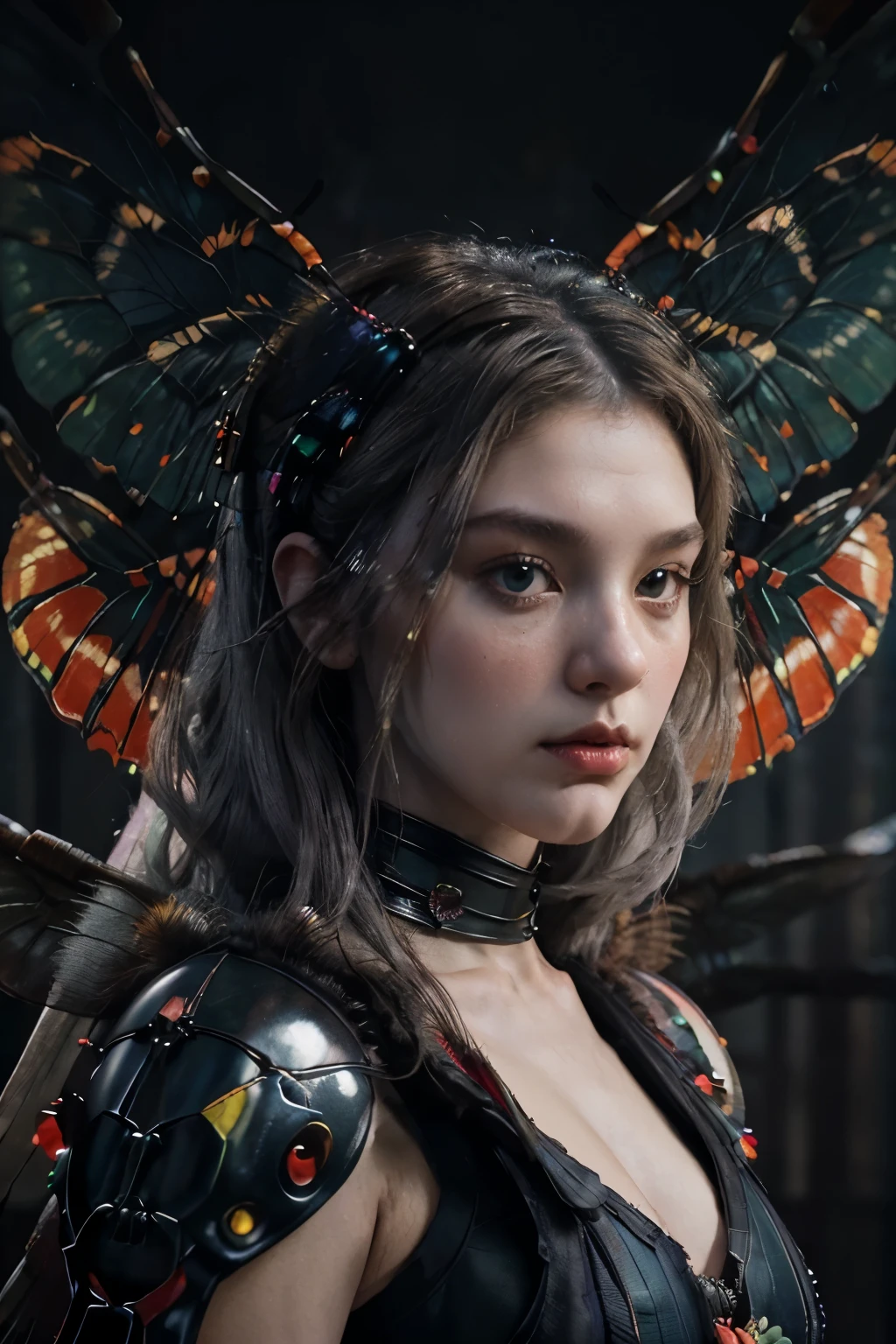 (realistic:1.3) HD, High quality, Cinematic lighting, wide angle, (shallow focus:1.4), Caravaggio, Chiaroscuro, (Gundam style:1.3). Dark, cosmic horror, psychedelic. Ancients, Gods, Esoteric, ominous Alien. Beautiful and Elegant Goddess, (Very Clear Dragonfly Wings:1.5), (Fantastic grey hair:1.3). Black, Red, and Royal Green Military-styled multilayered bio-mechanical paneled armor. Subtle red and yellow neon light emanates from beneath some of her biomechanical parts. Atmospheric (glowing:1.3), Nebulous, hazy, dark misty atmospheric background,