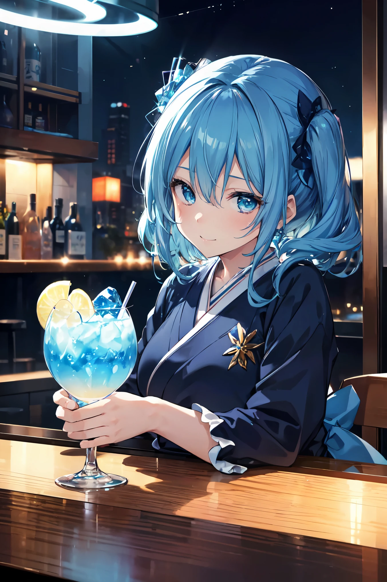 Close-up of Blue Fizz cocktail art displayed on a bar counter illuminated at night, High quality waifu movie anime with avant-garde fashion style, A droopy-eyed Japanese idol girl is smiling while holding a cocktail glass. Shaker on the counter. Blue Refraction