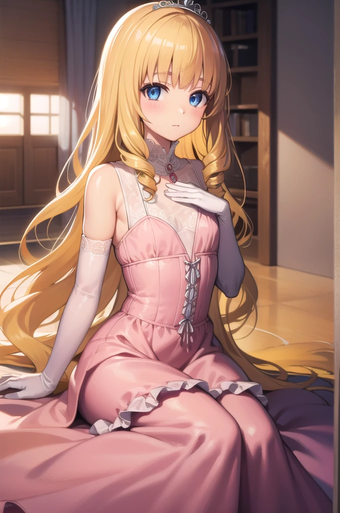 latifafleuranza, latifa fleuranza, (yellow hair:1.5), blue eyes, long hair, (flat chest:1.2),
BREAK diadem, tiara, elbow gloves, gloves, white gloves, dress, frilled dress, long skirt, frilled skirt, corset, (pink dress:1.5),
BREAK looking at viewer, full body,
BREAK indoors,
BREAK (masterpiece:1.2), best quality, high resolution, unity 8k wallpaper, (illustration:0.8), (beautiful detailed eyes:1.6), extremely detailed face, perfect lighting, extremely detailed CG, (perfect hands, perfect anatomy),