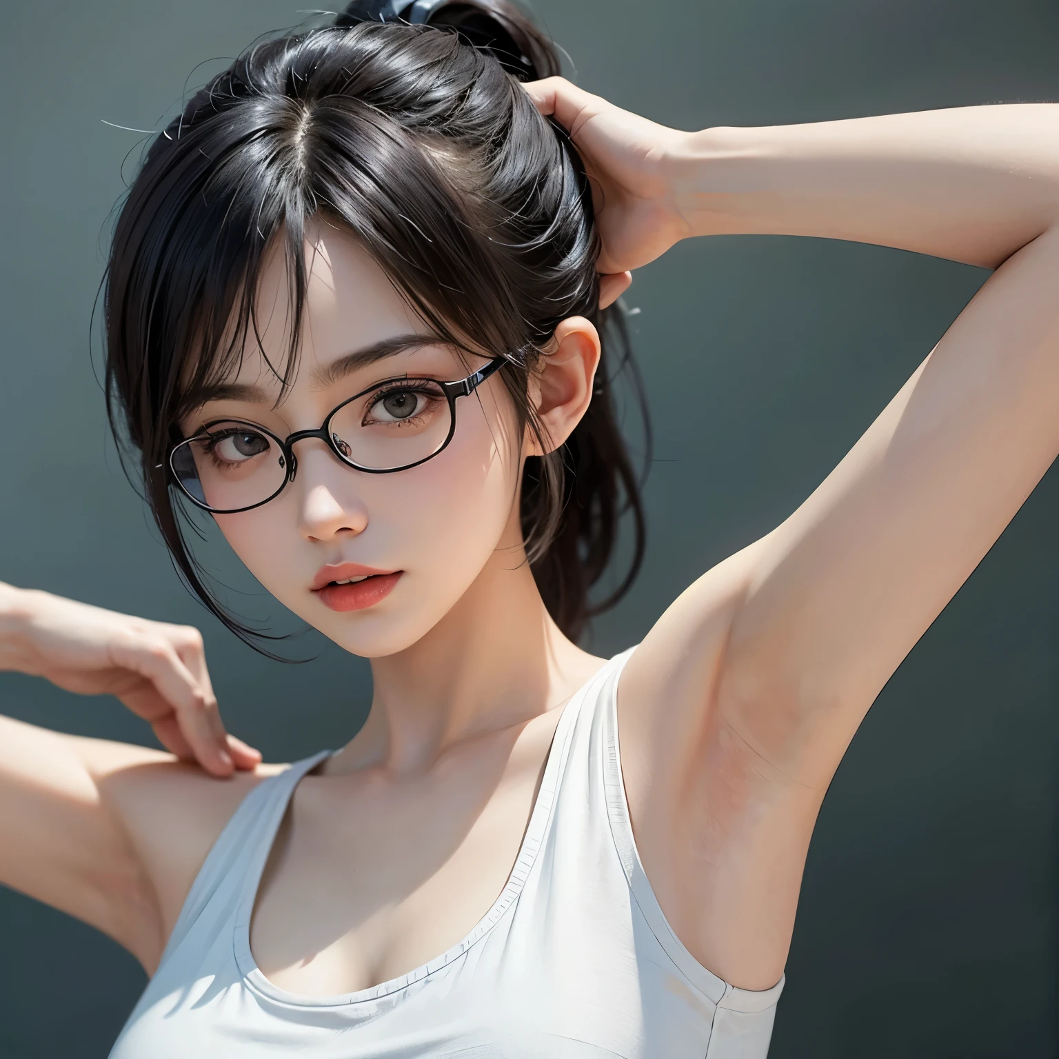 ((best quality)), ((masterpiece)), (detailed), perfect face. Black hair. Ponytail. Anime girl. Asian girl. Black eyes. Ulzzang. Glasses. Tanktop. Armpit.
