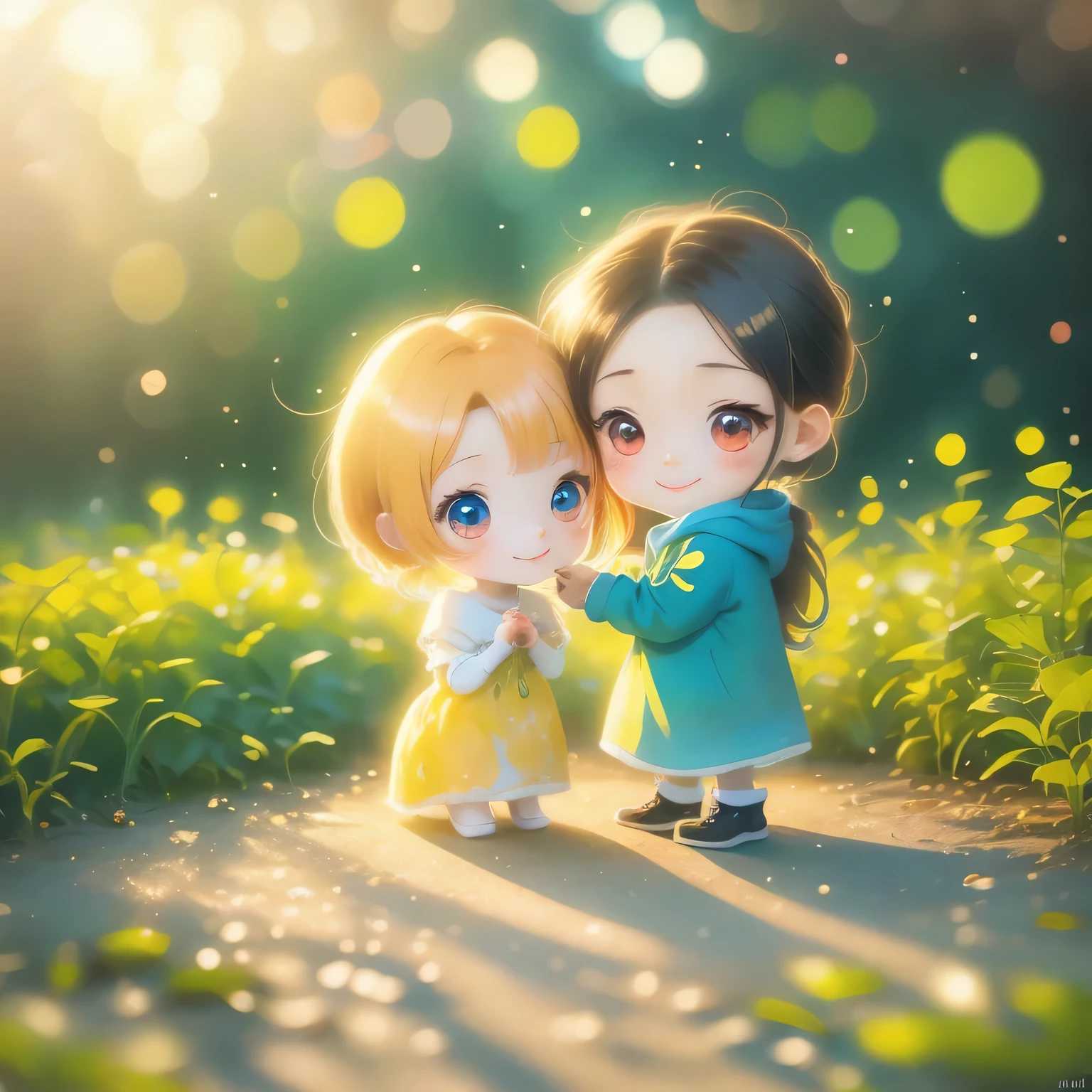 ((Anime Chibi Style)) Line art, Cute puppy with lovely eyes in the park、With a cute girl