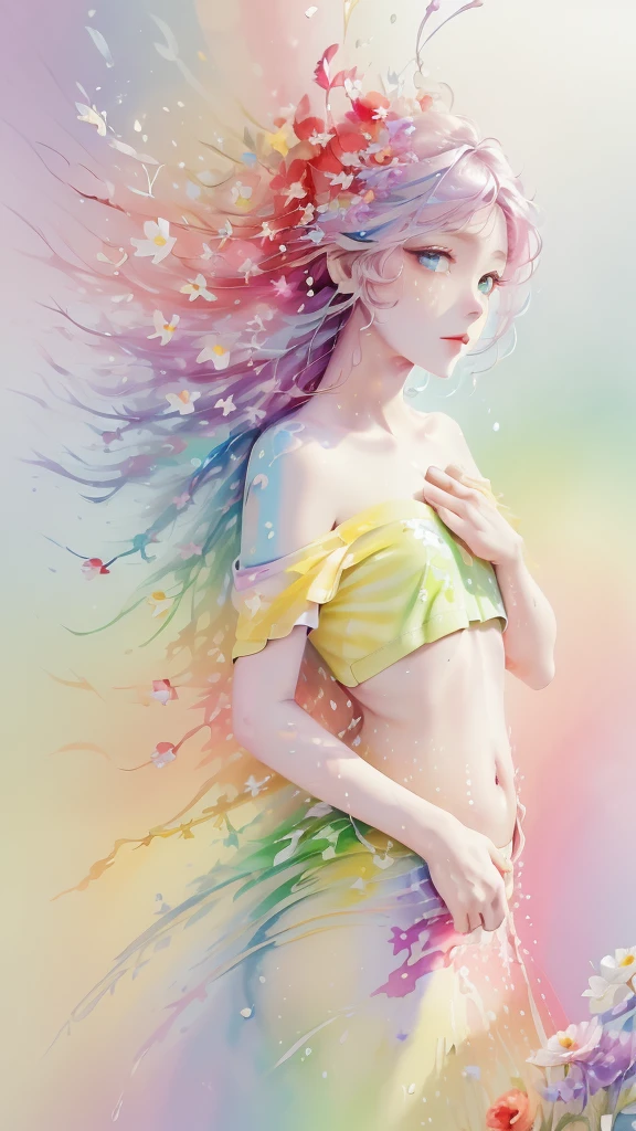 (Pink Fashion T-shirt:1.9),(Colorful hair: 1.8), (All the colors of the rainbow: 1.8),(((((vertical paintinging:1.6))), (paintinging:1.6),front, 漫painting, illustrations, paintingings, big eyes, crystal clear eyes,( Rainbow Gradient High Ponytail:1.7), Exquisite makeup, shut your mouth,(Small fresh: 1.5),(Wipe Chest: 1.6) ,Long eyelashes, White off-shoulder T-shirt, White off-the-shoulder shirt,Looking at the audience, 水汪汪的big eyes, (Rainbow Hair:1.6), 色彩飞splash, (Solitary:1.8), 色彩飞splash, Color Explosion, thick painting style, Messy lines, ((shining)),(Colorful), (Colorful), (Colorful), Colorful, Thick painting Style, (splash) (Color splash), Vertical paintinging, Upper Body, painting splash, acrylic paint, slope, painting, Highest image quality, best quality, masterpiece, Solitary, Depth of Field, Face , Colorful clothes, (elegant: 1.2), Gorgeous,Long hair, wind, (elegant: 1.3), (petal: 1.4),(((masterpiece))),(((best quality))),((Ultra Detailed)),(illustration),(Dynamic Angle),((floating)),(),((Messy hair)),(Solitary),(1 girl) , (((Detailed anima face))),((Beautiful and delicate face)),collar,Bare shoulders,white hair, ((Colorful hair)),((Striped hair)),Beautiful and delicate eyes,(slope color eyes),(((Colorful eyes))),(((Colorful background))),(((High Saturation))),(((surrounded by Colorful splashes))),Huge breasts:1.4,Full, straight breasts,Showing cleavage,Nipple protrusion,Belly button,Thigh straps,No thongs