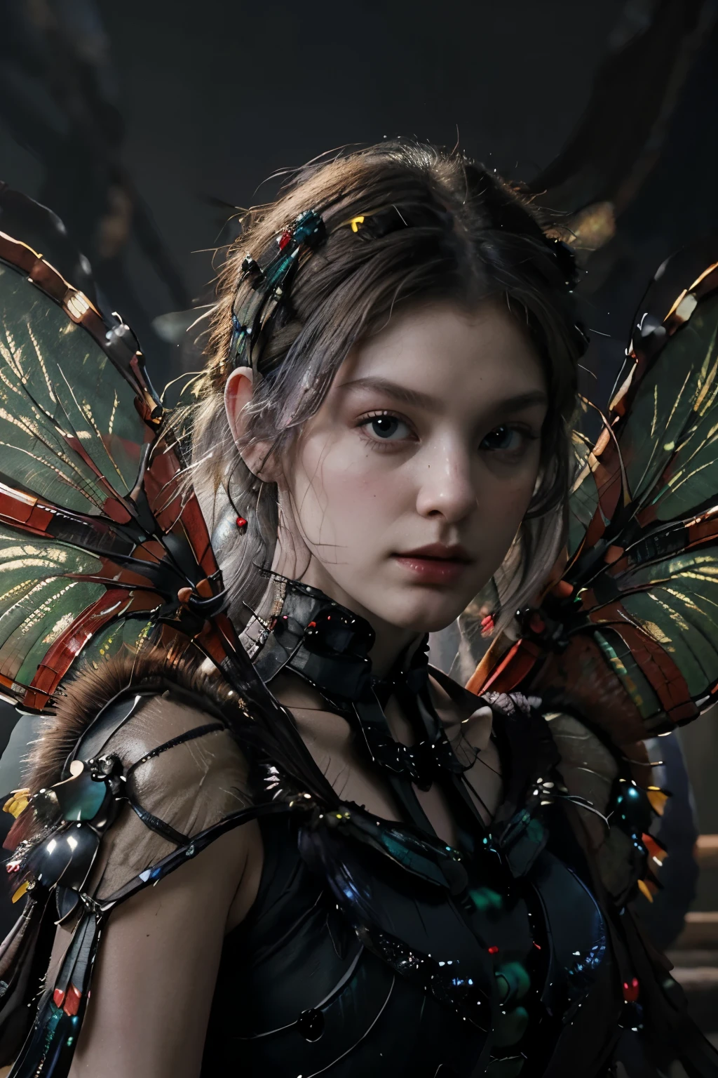 (realistic:1.3) HD, High quality, Cinematic lighting, wide angle, (shallow focus:1.4), Caravaggio, Chiaroscuro, (Gundam style:1.3). Dark, cosmic horror, psychedelic. Ancients, Gods, Esoteric, ominous Alien. Beautiful and Elegant Goddess, (Very Clear Dragonfly Wings:1.5), (Fantastic grey hair:1.3). Black, Red, and Royal Green Military-styled multilayered bio-mechanical paneled armor. Subtle red and yellow neon light emanates from beneath some of her biomechanical parts. Atmospheric (glowing:1.3), Nebulous, hazy, dark misty atmospheric background,