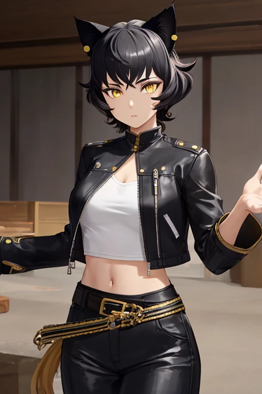 8k, highly detailed, kali belladonna, 1girl, solo, black hair, long hair, cat ears, animal ears, yellow eyes, black crop-top, white belt, midriff, black leather pants, jacket, solo, confused, looking at viewer, cowboy shot, cinematic composition,